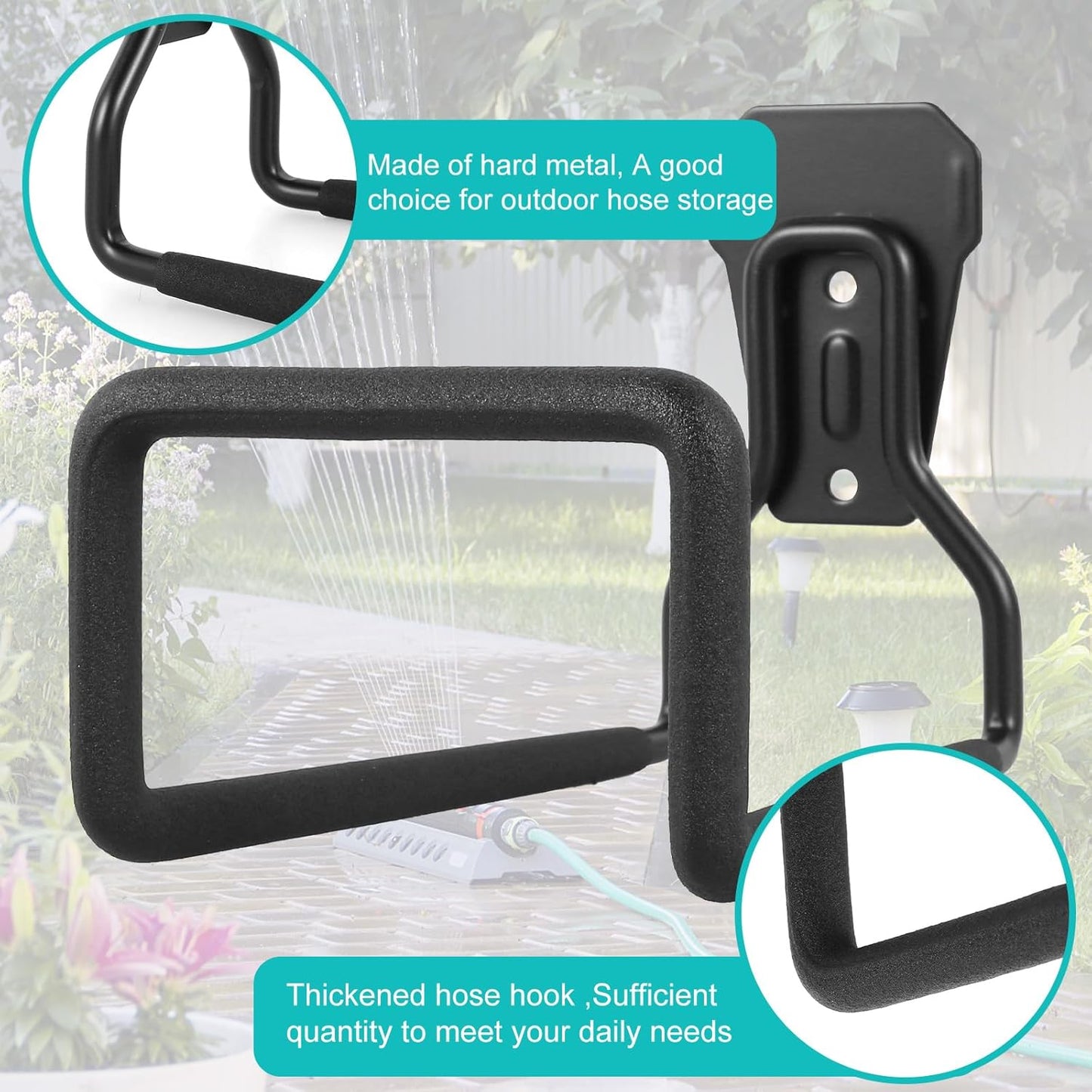 4PCS Metal Garden Hose Hook Heavy Duty Water Hose Hook Wall Mounted Garage Hook Sturdy Storage Bracket Stand Organizer160lbs for Outside Yard Water Extension Cords Black