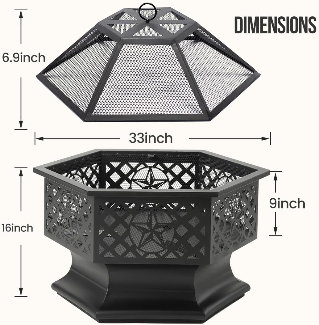 33 Inch Outdoor Fire Pit, Hexagon Shaped Wood Burning Fire pits for Outside, Metal Firepit with Fire Poker&Mesh Cover for Bonfire, Patio, Yard, Garden,Beach and Camping (33'' Black)
