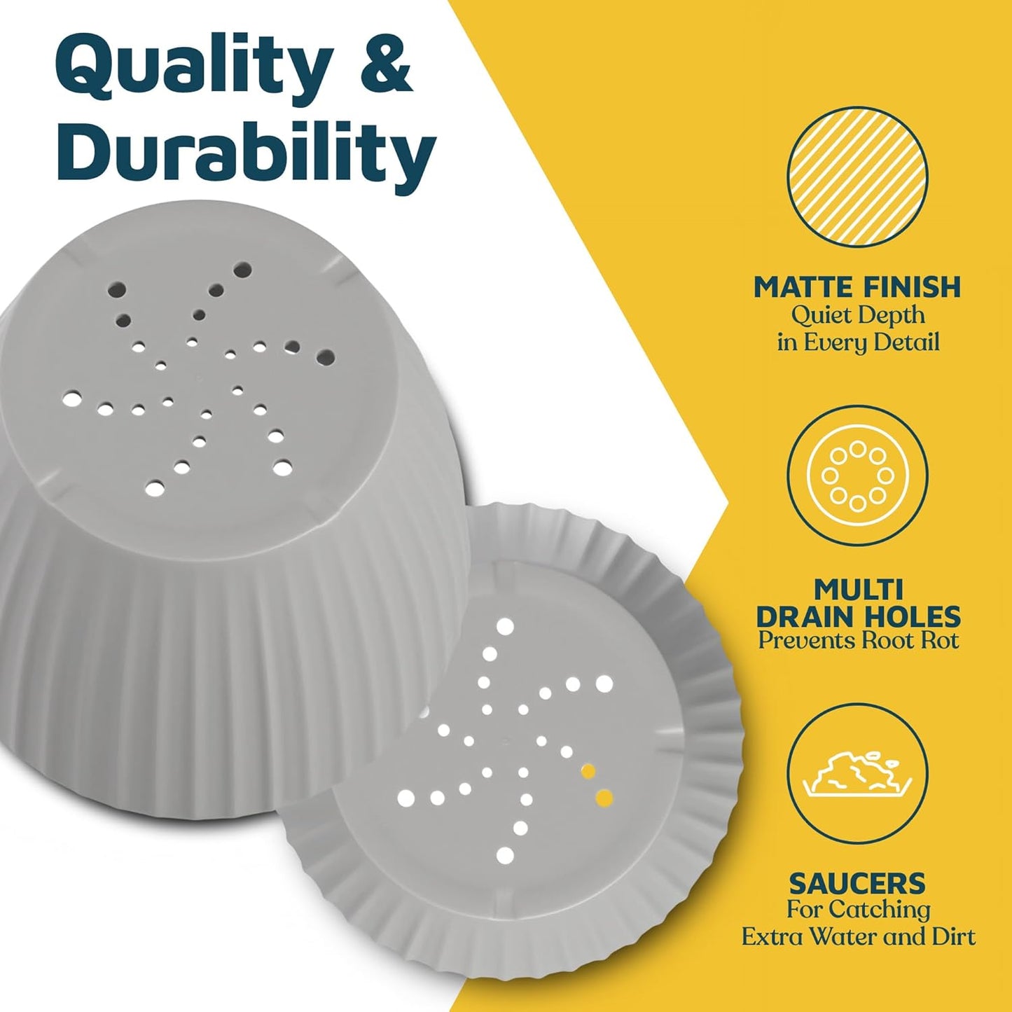 Gray 6-Inch Plant Pots with Drainage & Saucers 3 Pack, Indoor & Outdoor Planters for Houseplants, Herbs, and Flowers, Durable & Weatherproof Material, Stackable, Lightweight, Minimalist Design