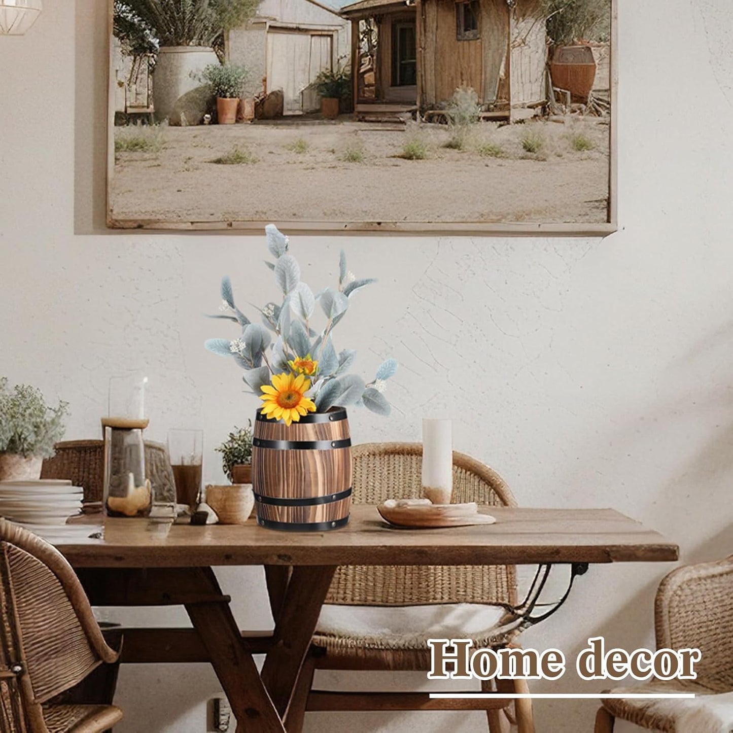 2 Pcs Wood Wine Barrel Vase 8" x 6.5" Vintage Flower Vase Container Rustic Barrel Planter for Wedding Reception Table Decoration Home Indoor Outdoor Garden Kitchen Party