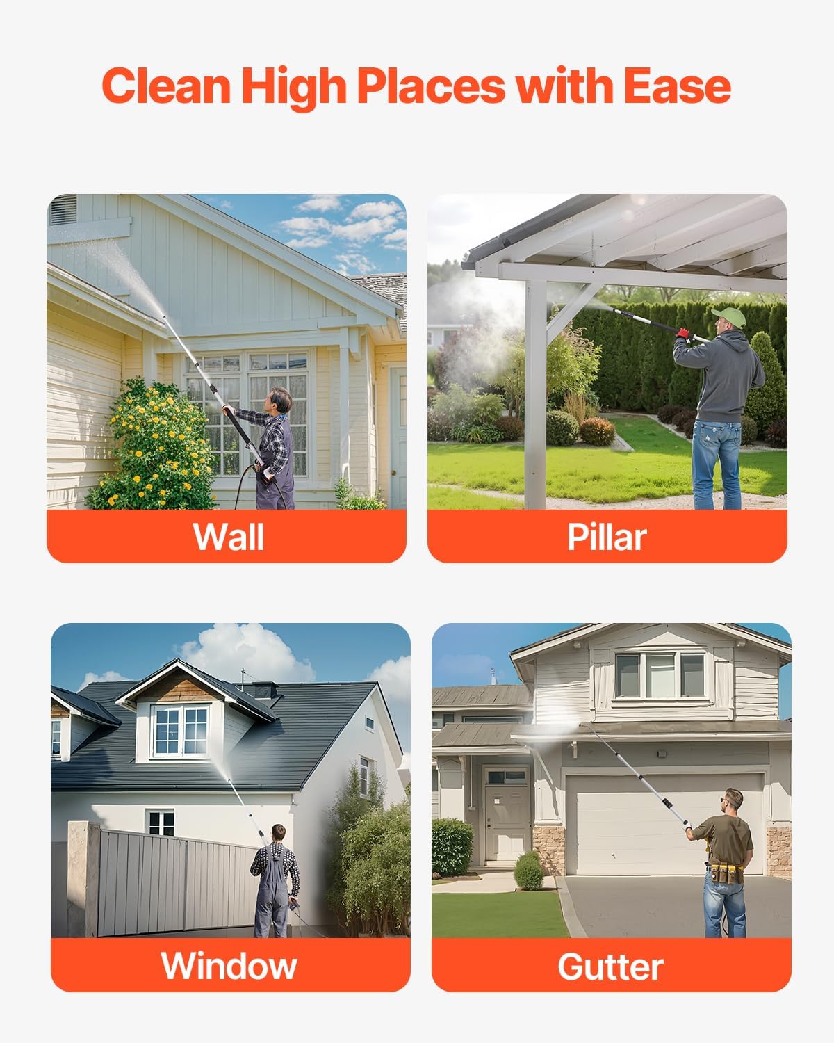 VEVOR Pressure Washer Telescoping Wand, 24 ft, 4000 psi, Telescopic Spray Wand with Power Washer Extension Wands, Gutter Cleaner, Pivoting Coupler, 7 Spray Nozzle Tips and Adjustable Support Harness