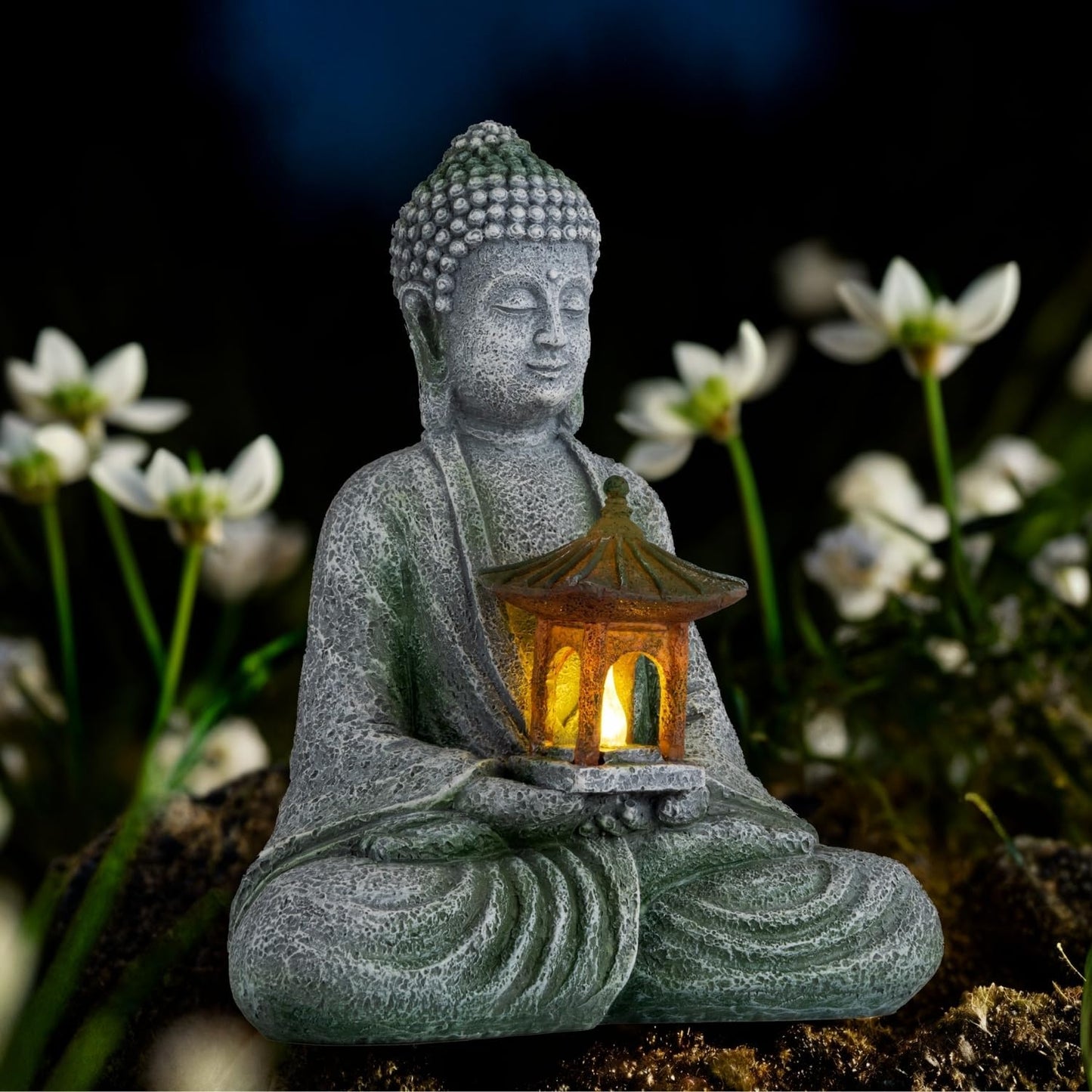 Buddha Garden Statue with Solar Light, Resin Zen Decor for Outdoor Patio or Indoor Meditation, Spiritual Gift for Women and Friends (Grey Pavilion)