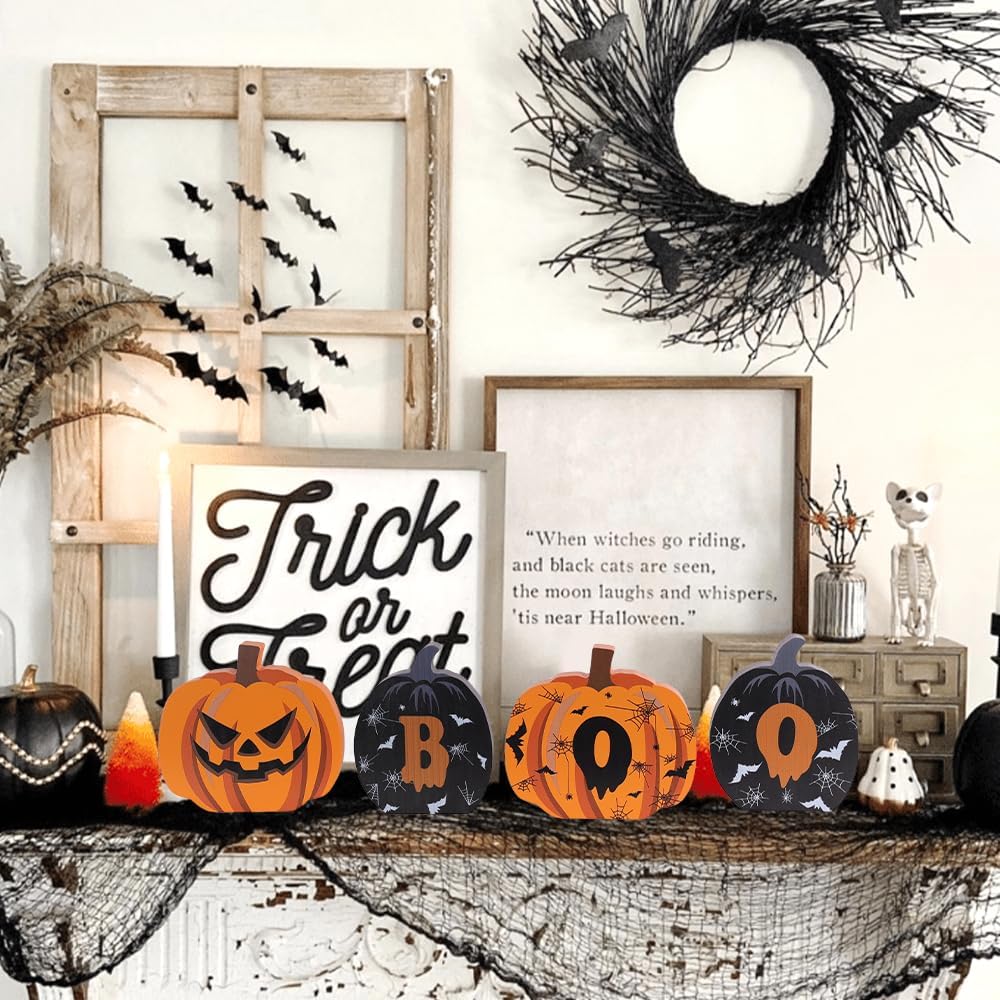 Fall Decorations for Home & Halloween Decorations Indoor, DECSPAS Double-sided Pumpkin Wood Sign with Fall & BOO Lettered, Autumn Wooden Block Set for Table, Tiered Tray, Mantle, Thanksgiving Decor