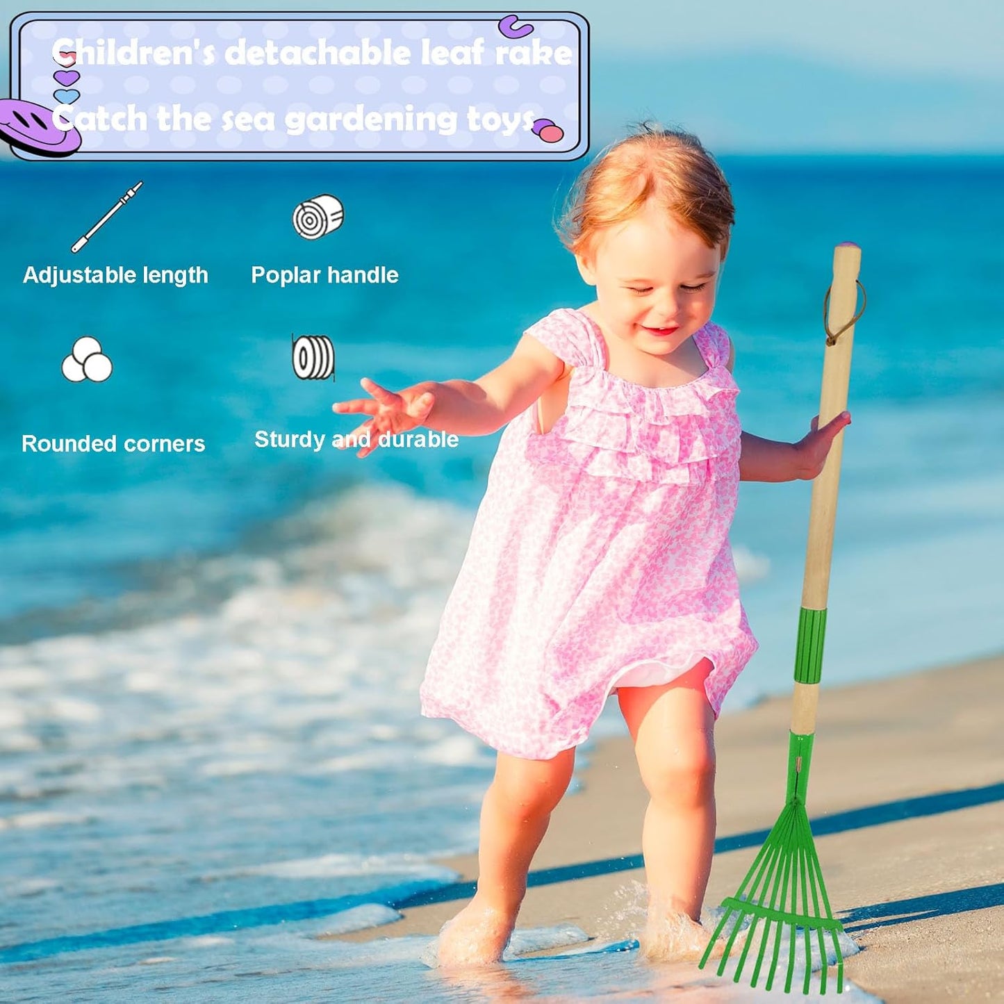 Kids Leaf Rake-Small Wooden Handle Leaf Rake with Metal Tines, 27inches /69cm Length, for Kids Enjoy Garden Cleaning Activities (Green)