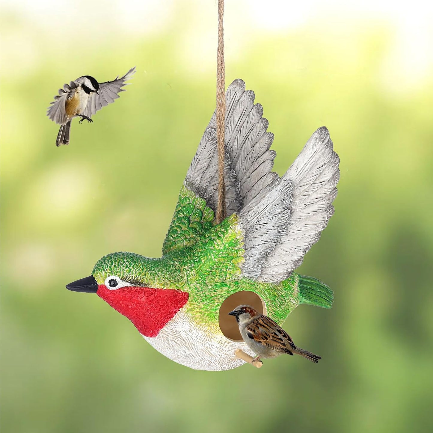 BAYN Bird House for Outside, Hanging Handcrafted Hummingbird Resin Outdoor birdhouses Humming Bird, Bluebird, Wren, Camper Hanging Houses nest cage