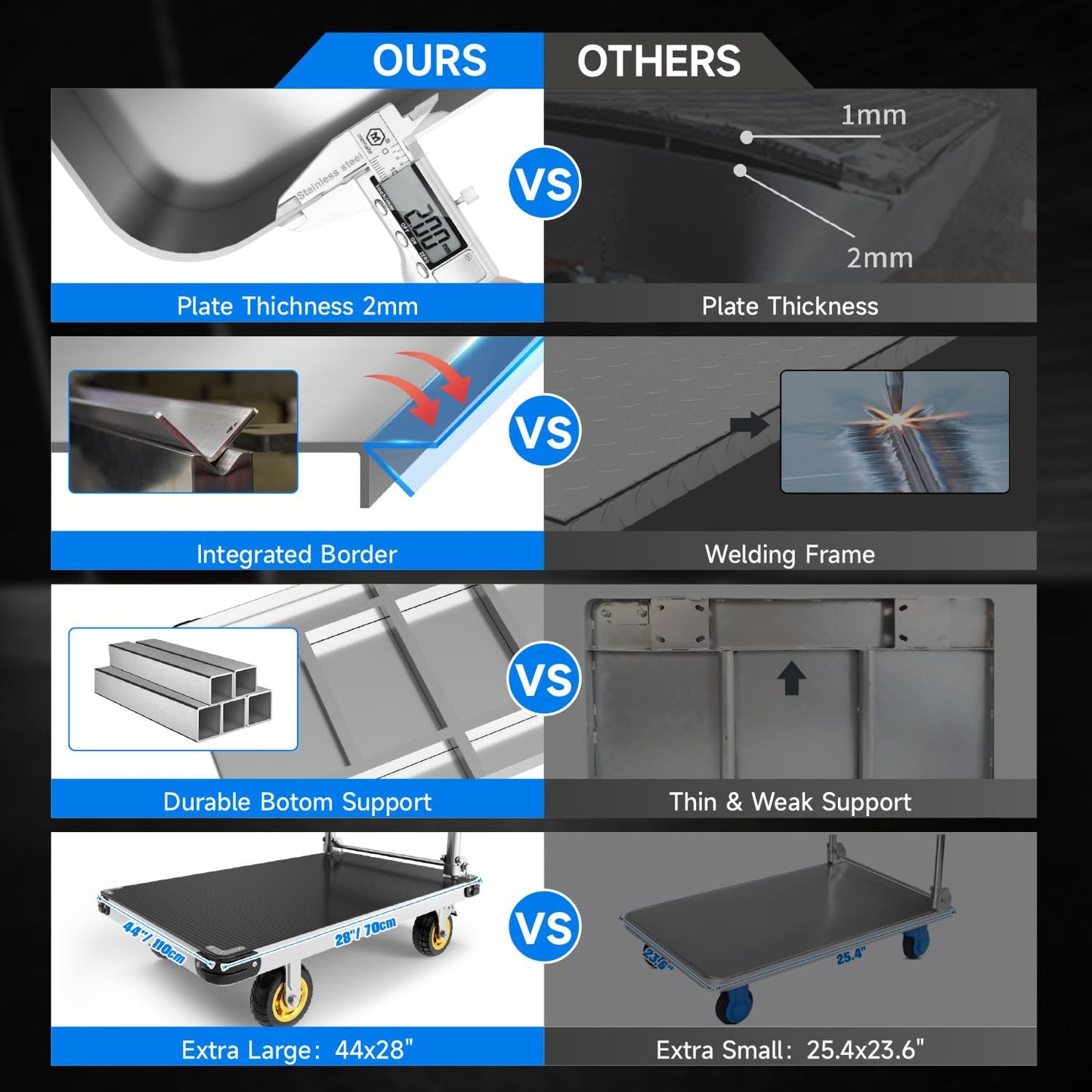 Extra Large Platform Truck Cart, 44 x 28 Heavy Duty Push Cart Dolly 2500 LBS Capacity, Flat Cart with Non-Slip Mat and 6" Swivel Brake Wheels