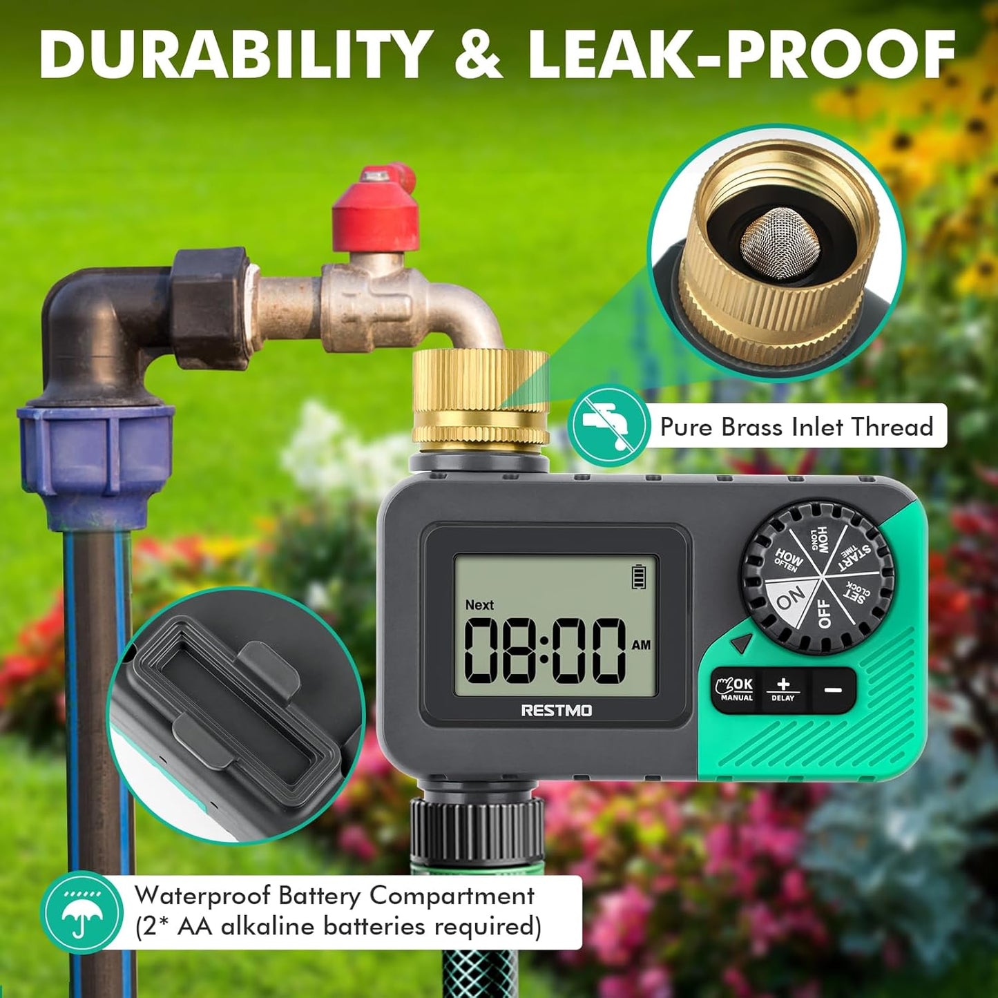 RESTMO Sprinkler Timer with Brass Inlet, Water Timer for Garden Hose, Rain Delay/Manual/Automatic for Outdoor Faucet, Drip Irrigation and Lawn Watering System