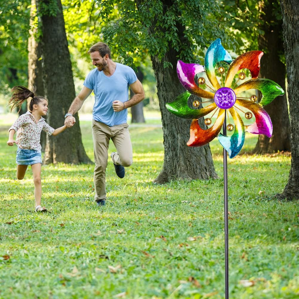 DREAMYSOUL 2 Packs Outdoor Metal Wind Spinner, Colorful Pinwheels for Yard and Garden, Kinetic Rainbow Spinner Wind Sculpture Garden Decor