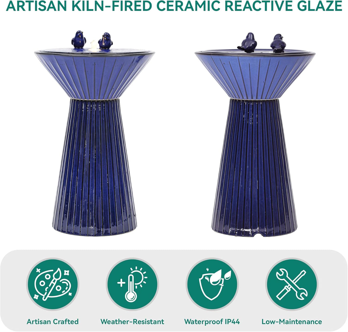 28" H Ceramic Birdbath Outdoor Fountain with LED Lights, Bird Accents & Fluted Texture, Bubbling Water Feature for Garden, Patio, Yard or Porch – Creates a Tranquil Oasis for Relaxation.