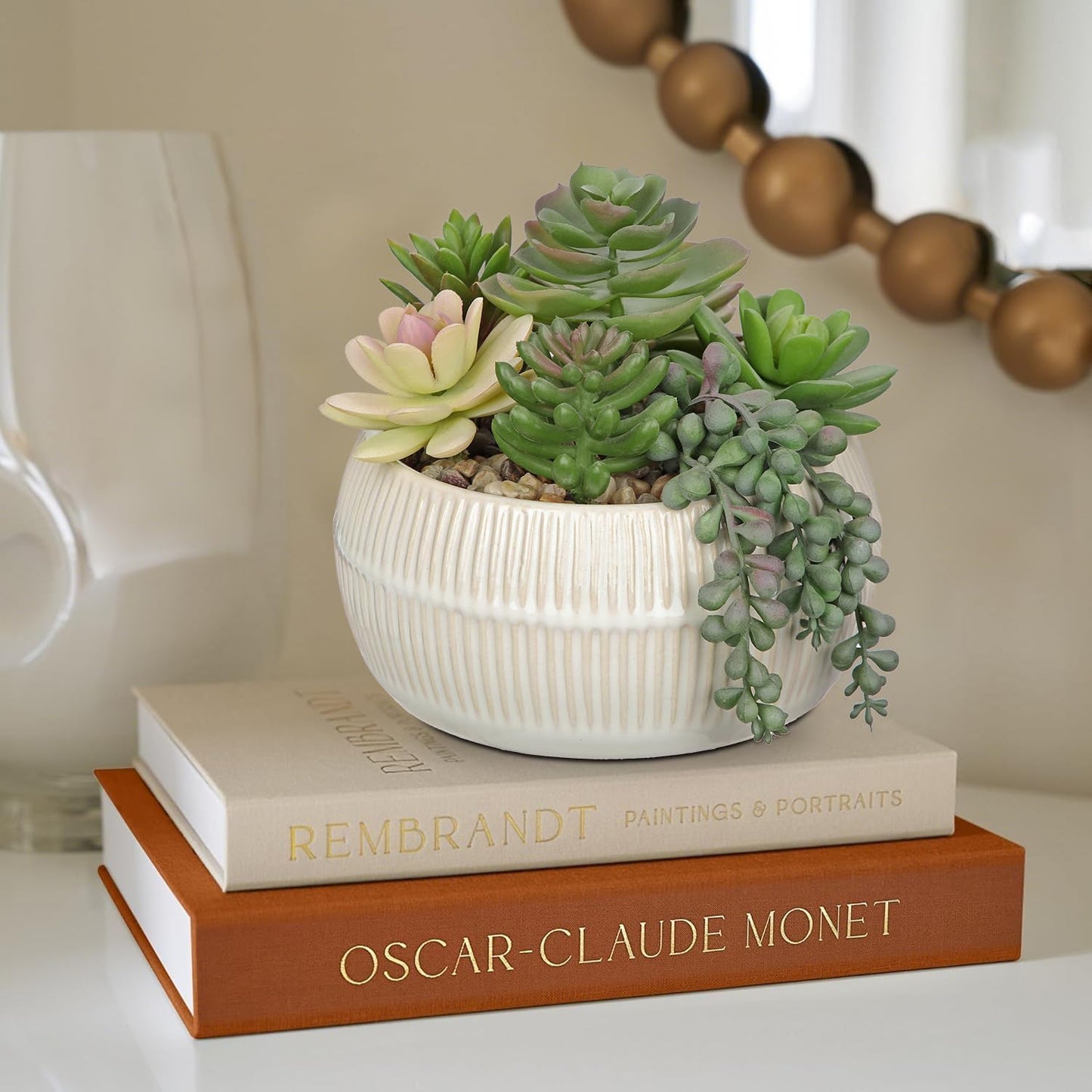 DILATATA Artificial Succulent Plants in Pot 5.5 Inch Fake Succulents Arrangement Potted Plant in White Ceramic Planter Bowl for Home Office Desk Shelf Living Room Bedroom Bathroom Decor