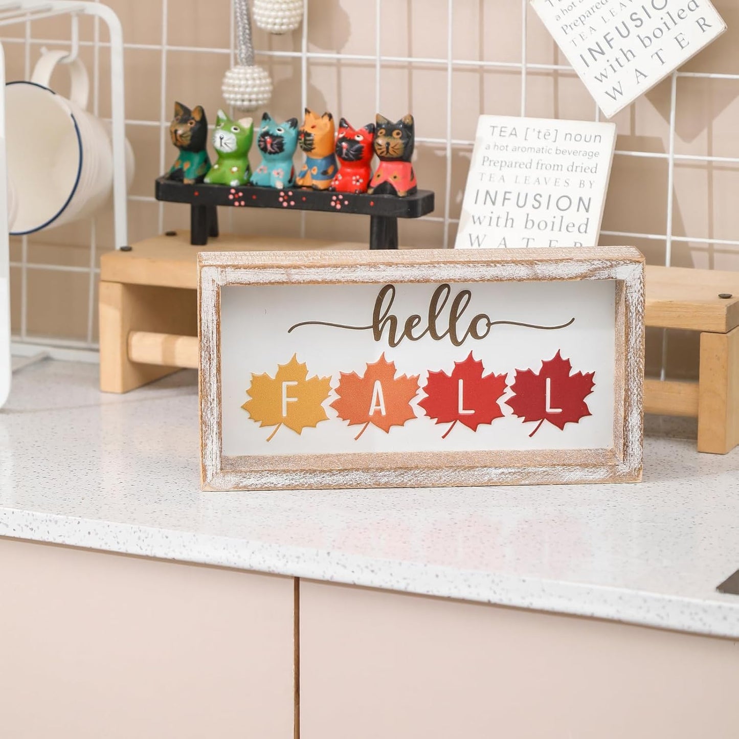 Embossed Hello Fall Sign, Farmhouse Fall Decorations for Home, Modern Autumn Home Decor Indoor, Wooden Thanksgiving Tiered Tray Decor for Table Shelf Cubicle Desk Mantel