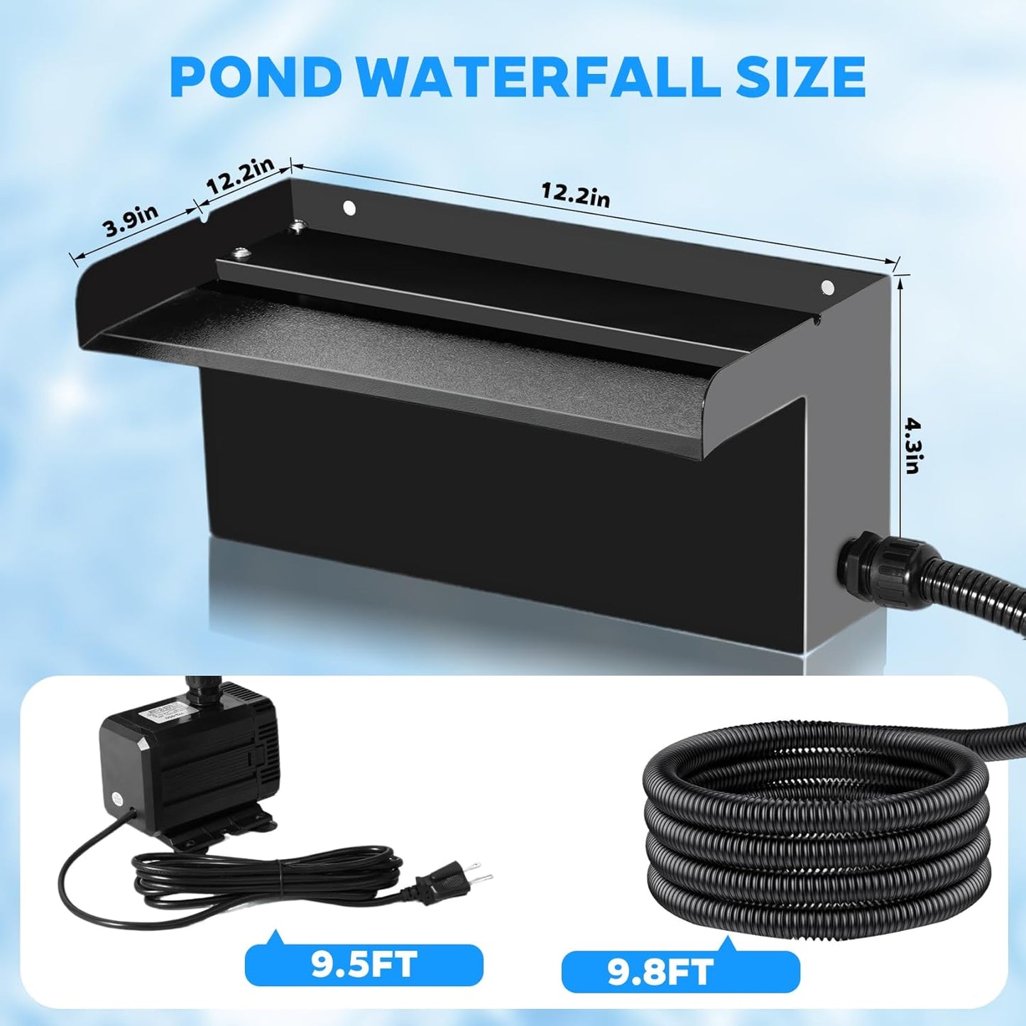 Upgraded Outdoor Pond Waterfall Kit with 50W Pump - 825 GPH Water Flow, 12.2 Inch Adjustable Waterfall Spillway & Extra Long Hose for Garden Ponds, Backyard Water Features