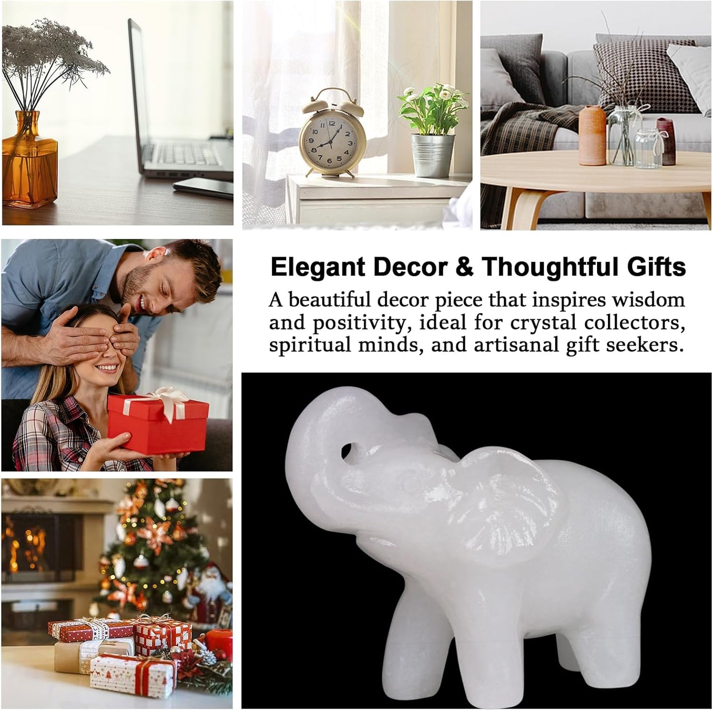 2 Inch White Jade Crystal Elephant Sculpture Handcrafted Healing Stone Animal Figurine Spiritual Home Decor Lucky Charm Gift for Wealth Success Positive Energy and Meditation Lovers