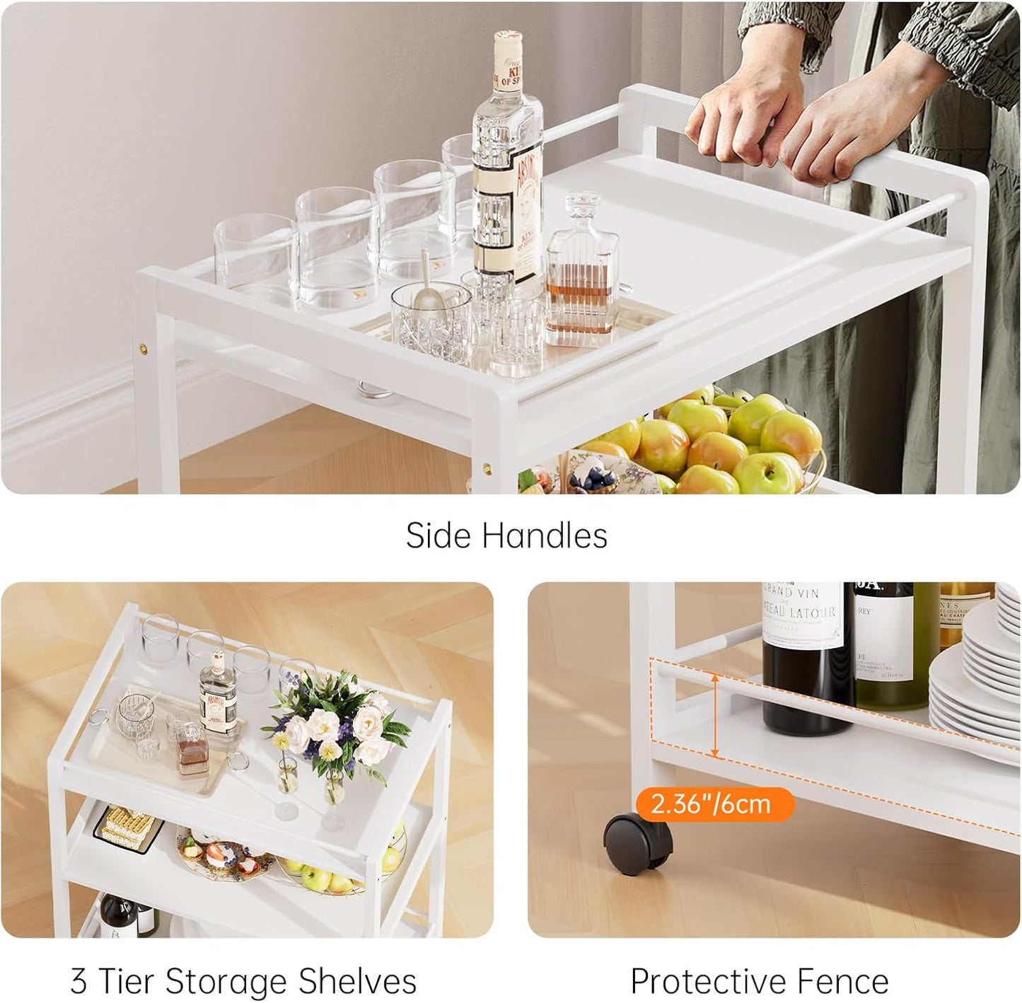 HITNET White Bar Cart, Home Bar Serving Cart, Kitchen Trolley on Wheels with Storage, 3 Tier Rolling Beverage Cart for Living Room Kitchen Home Office
