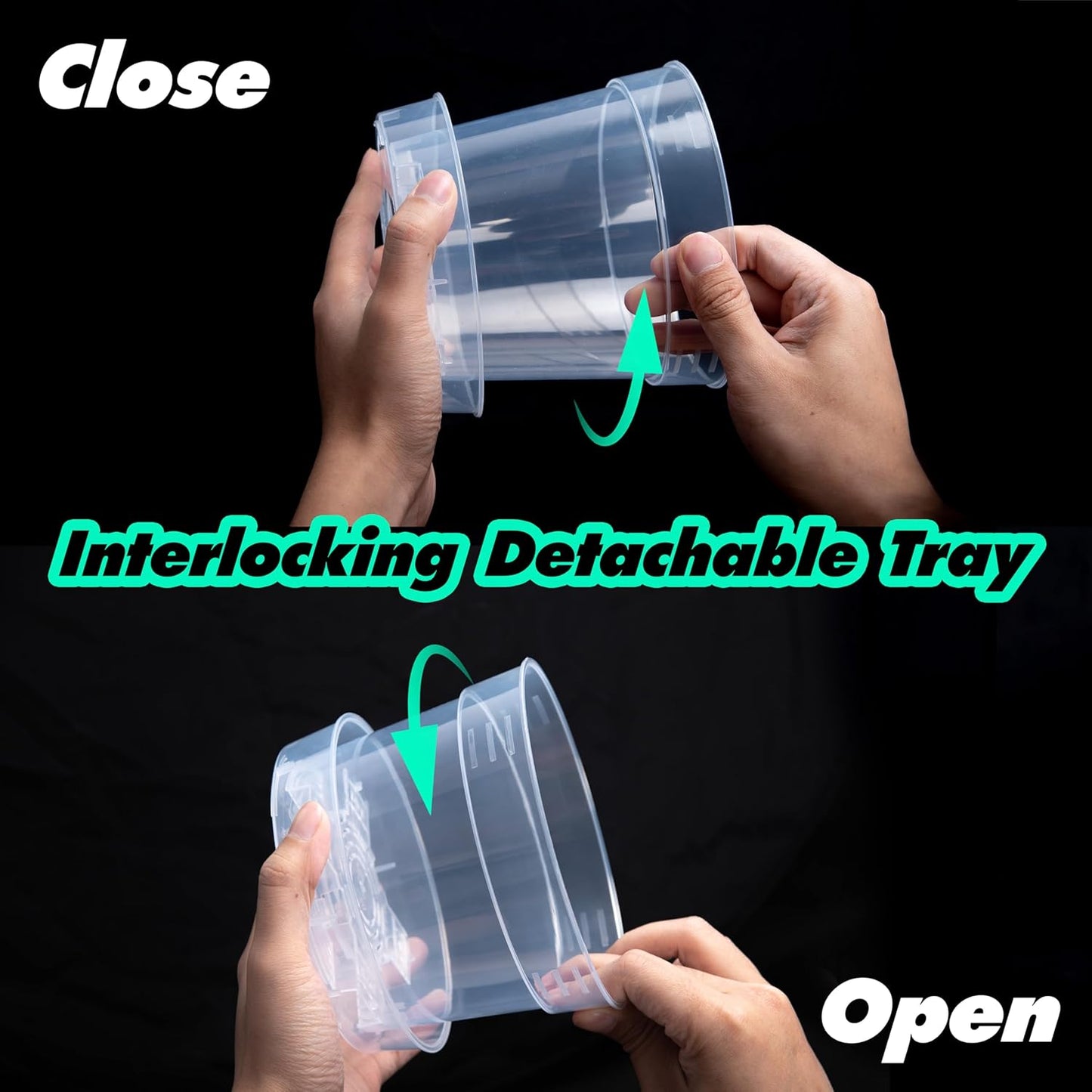 6 Inch Clear Plastic Plant Pot with Drainage Holes, Interlocking & Detachable Tray - Deep Saucer - Durable BPA-Free Plastic, Transparent Design, Raised Base for Airflow, Set of 24, 92-X-C-4