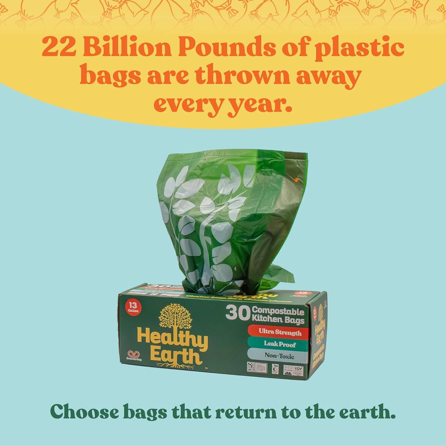 Healthy Earth 13 Gallon Compostable Trash Bags ā Tall Kitchen Garbage Bags with Drawstring Handles, Extra Thick Plant-Based Liners, BPI & TĆV Certified ASTM D6400, Heavy Duty Leak-Proof (60 Count)