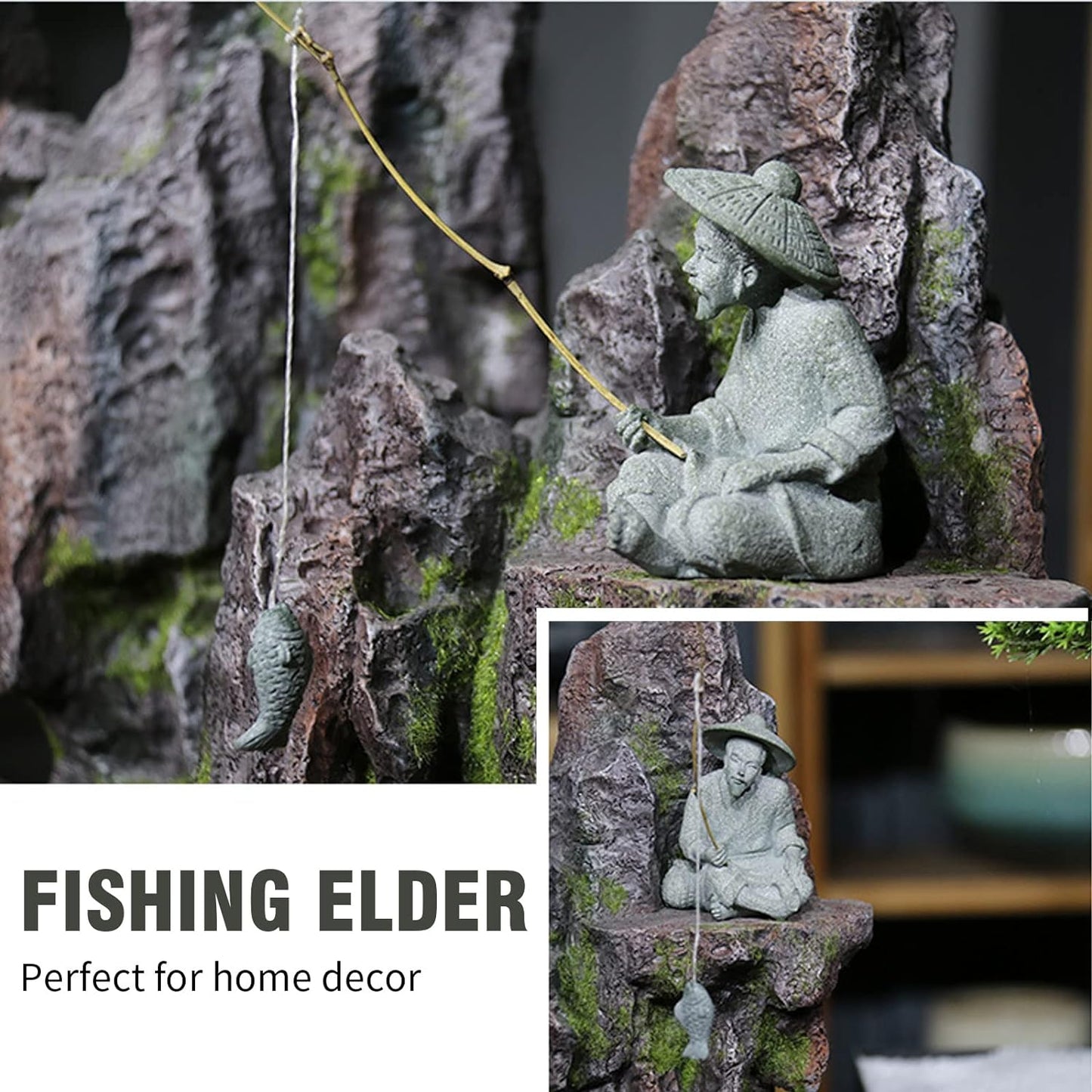 2PCS Sitting Fishing Figurines Sandstone Vintage Ornament Japanese Decor for Fish Tank Pot Garden Home Aquarium Mini Fisherman Statue Asian Zen Decoration