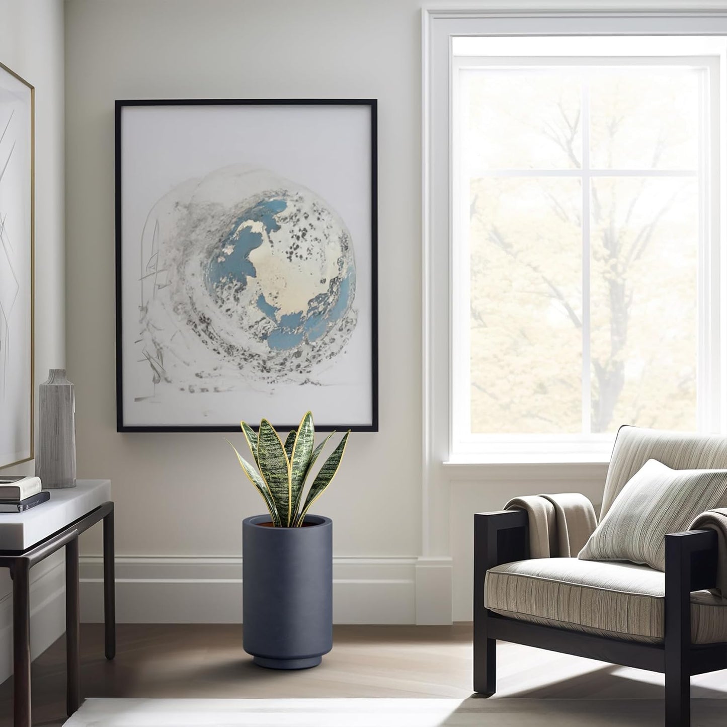 Kante 20.1 Inch Tall Concrete Planter, Round Pedestal Design Garden Pot for Indoor Outdoor Plants, Modern Garden Pot with Drainage Hole, Charcoal Finish with Warm Brown Interior