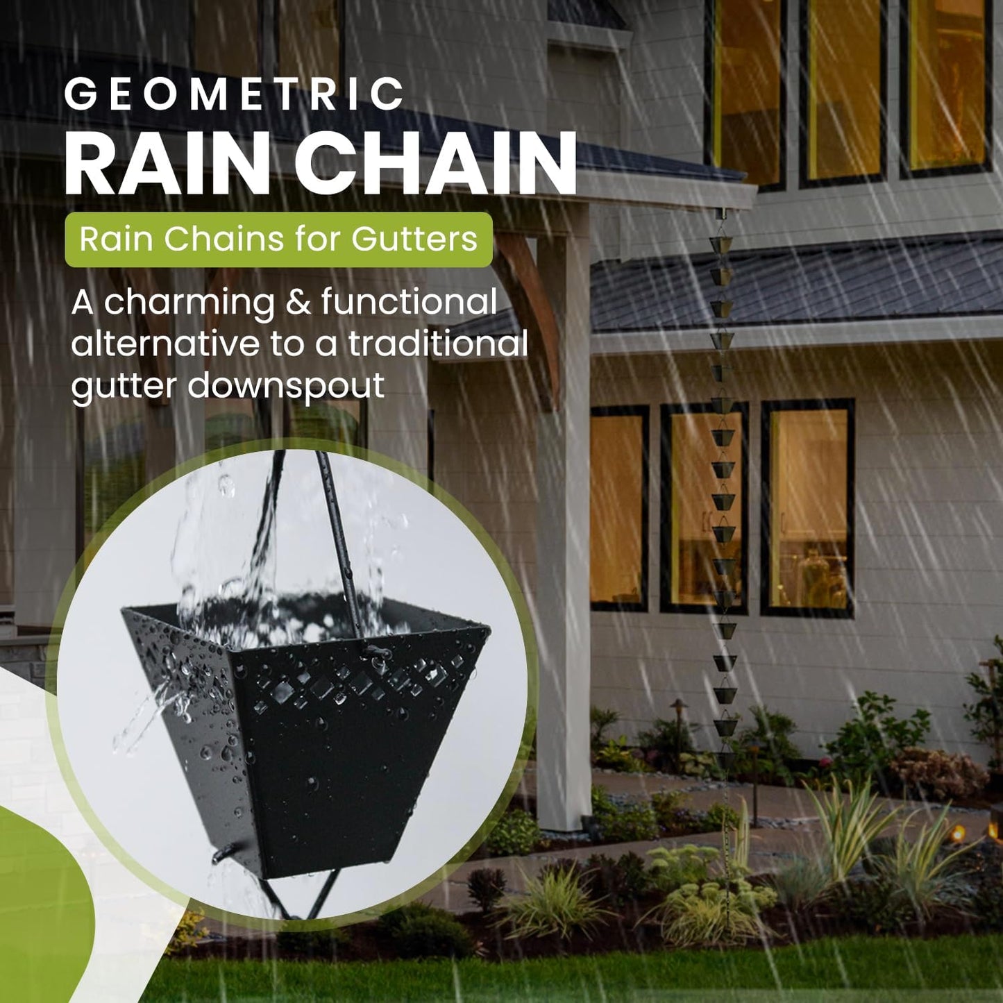 Rain Chain Kit w/Adapter & Extension | Black Powder Coated Rain Chains for Gutters 10 ft | Rain Chain | Gutter Chain Downspout | Rain Chains for Outside | Rain Catcher | Rain Chimes