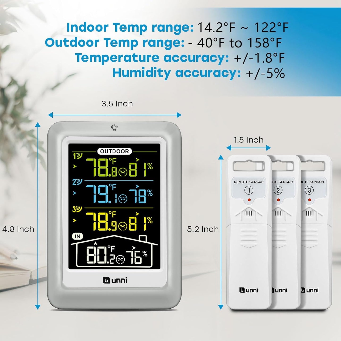 Indoor Outdoor Thermometer Wireless, 4.5 Inch Display Digital Hygrometer Thermometer Temperature Humidity Monitor with 330ft Range Sensor and Adjustable Backlight (Multi)