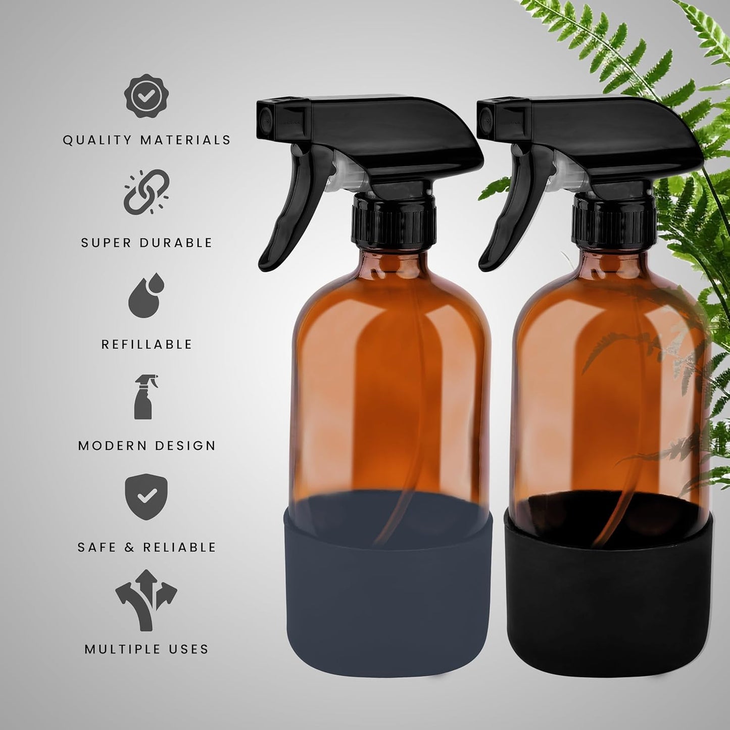 16oz Empty Glass Spray Bottle with Silicone Sleeve Protection - Refillable Containers for Cleaning Solutions, Essential Oils, Misting Plants - Including 2 Sprayers (Amber, 2 PACK)