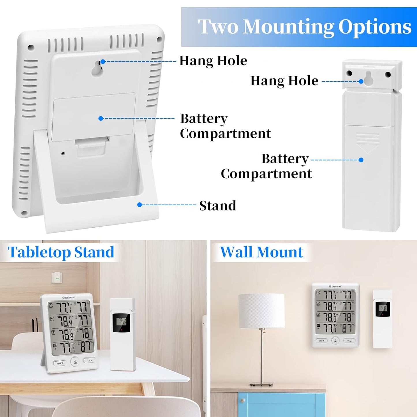 Geevon Indoor Outdoor Thermometer Wireless with 3 Remote Sensors, Digital Hygrometer Indoor Thermometer, Temperature Humidity Monitor Gauge with 200FT/60M Range (White)