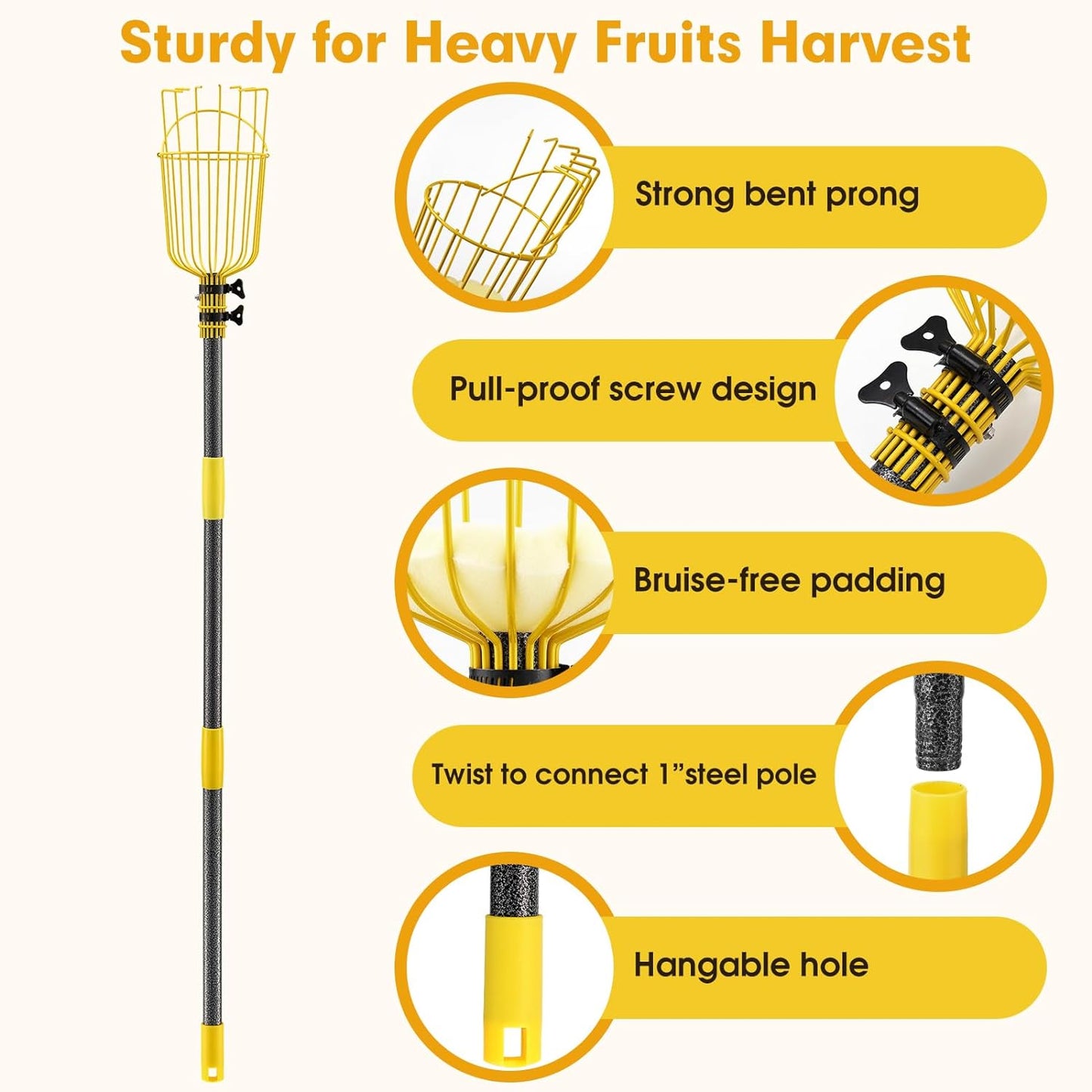 Apple Picker,156 Inch Long Handle Fruit Picker Pole with Basket for High Fruit Tree,Splicing Adjustable Apple Fruit Picker Pole for Pear,Orange,Peach,Lemon,Plum,Mango Tall Trees Fruit Grabber