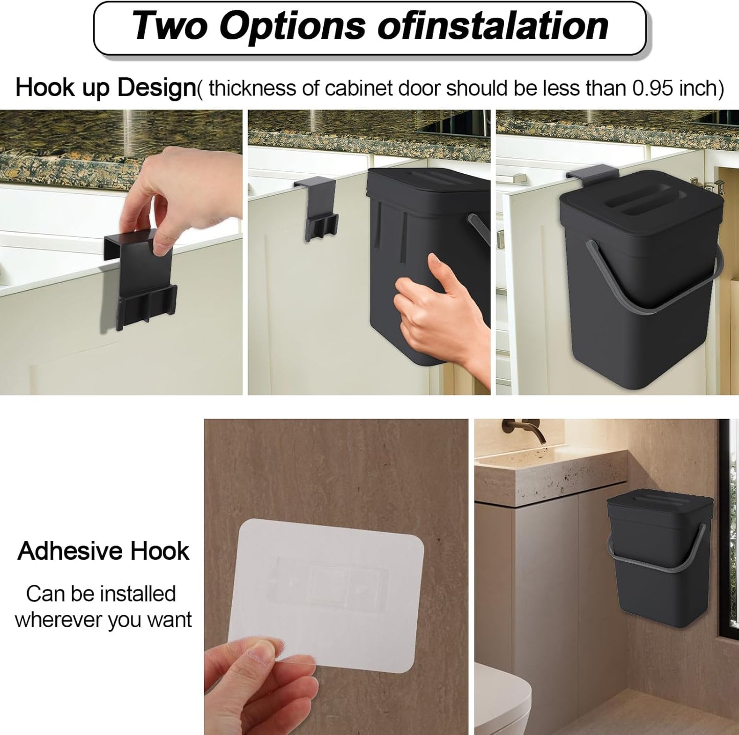 Compost Bin Kitchen, for use on Countertops or Under Sinks, Hanging Trash Can with Lid, for Cupboard/Bathroom/Bedroom/Office/Camping, Mountable Indoor Compost Bucket(Black 0.8 Gallon/3L)