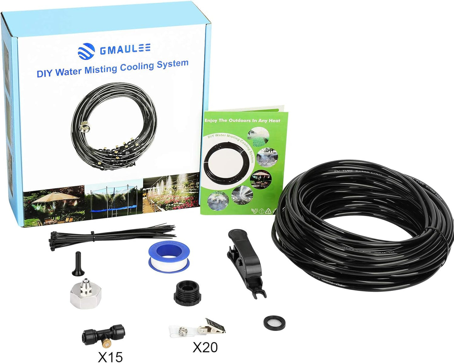 Misting Cooling System, DIY 49.2 FT(15M) Misting Line +15 Brass Mist Nozzles+ a Brass Connector(3/4'') Outdoor Mister System for Patio Waterpark Garden Trampoline Greenhouse