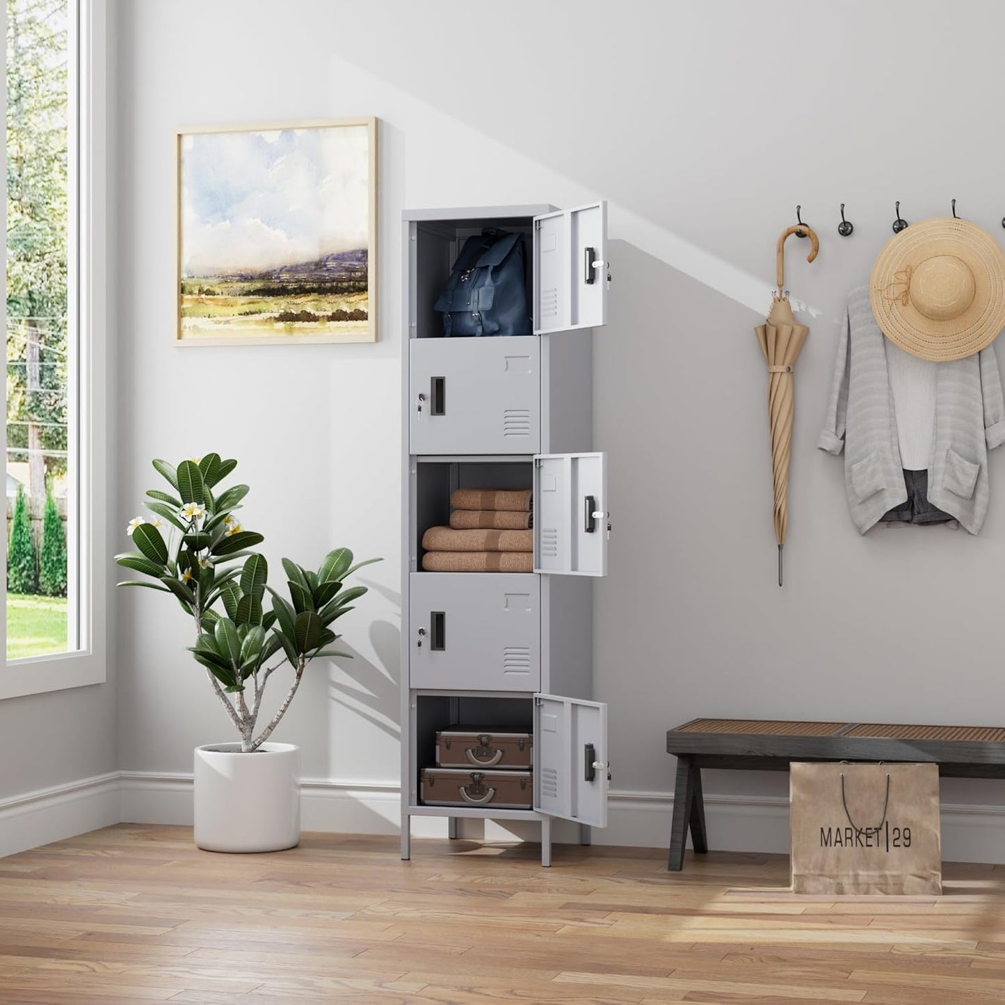 5 Doors Metal Storage Locker for Employees,Steel Home Office Storage Cabinet,66" H Employee Lockers with Adjustable Feet for School Gym Home Office, Assembly Required,Dark Grey