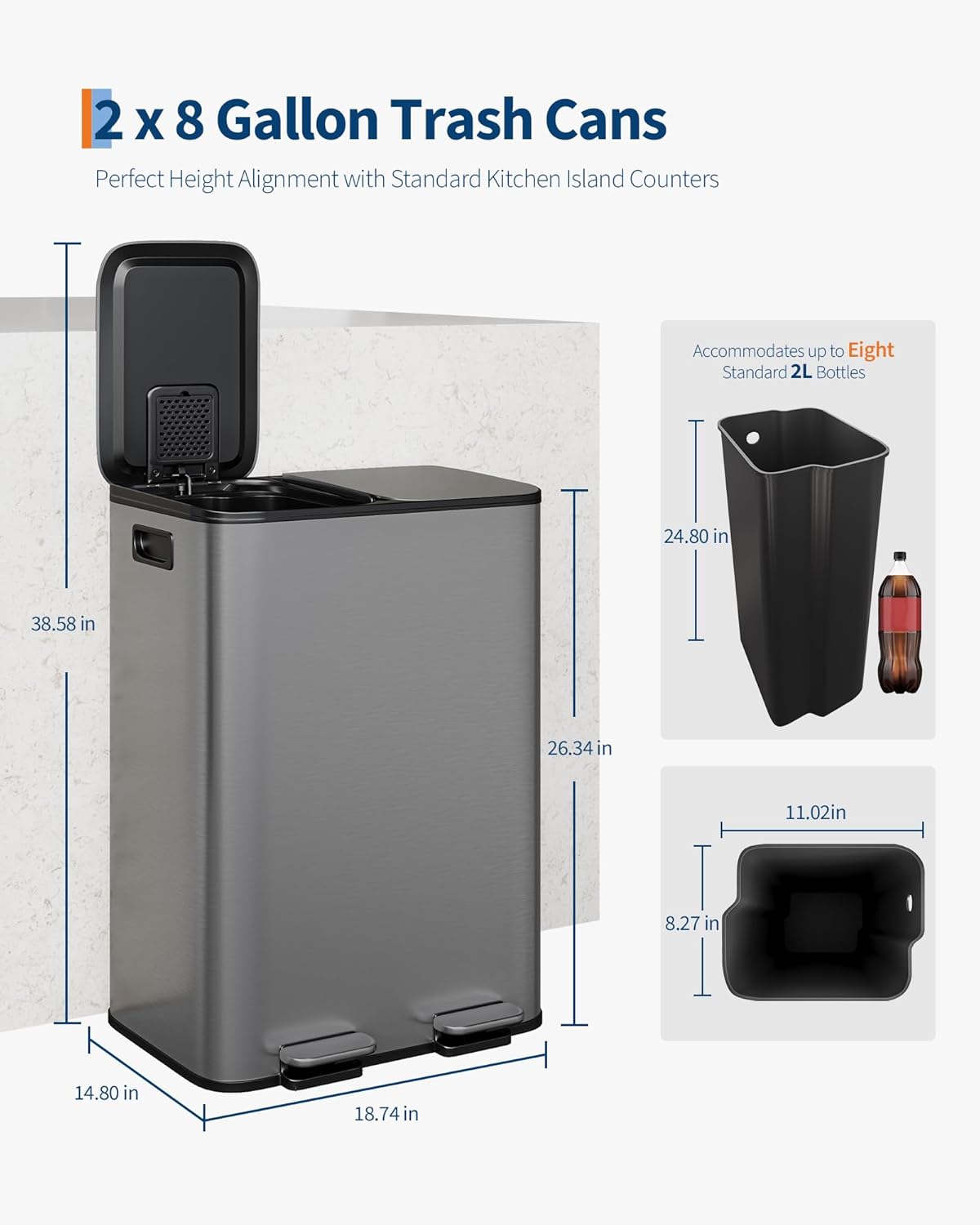 GarveeHome 2 x 8 Gallon Stainless Steel Double Trash Can with Lid for Kitchen, Large Dual Trash and Recycle Bin Combo, Step-on Kitchen Metal Garbage Cans, PP Inner Buckets, Liner Rim, Matte Grey