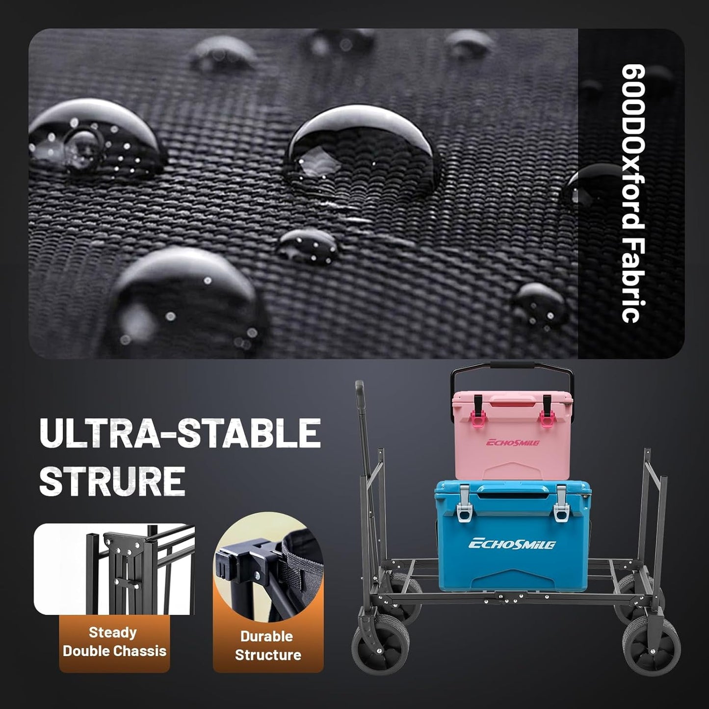 EchoSmile Collapsible Folding Wagon Cart with All-Terrain Wide Wheels, Heavy Duty Garden Cart with 350lbs Capacity,Portable Lightweight Rolling Wagon Cart for Camping Beach Sports Shopping,Black