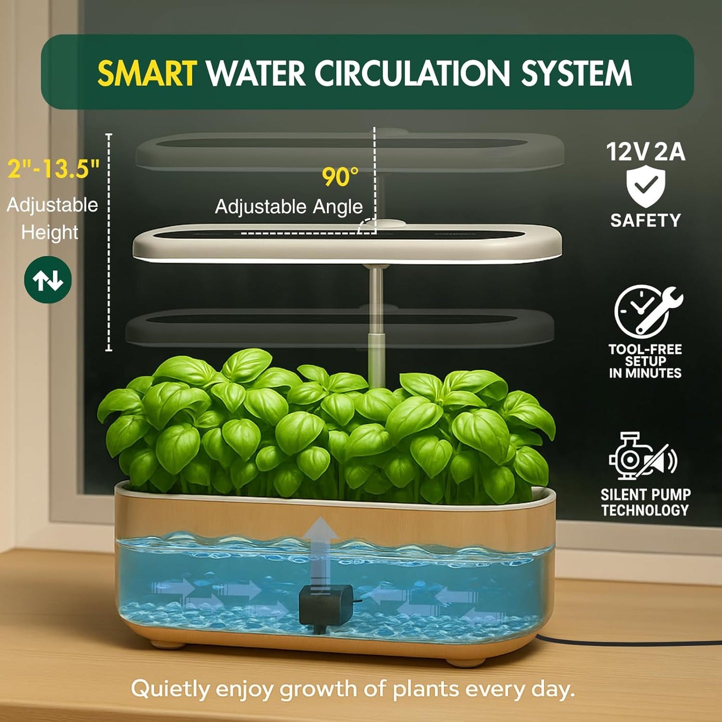 Hydroponics Growing System Kit, Indoor Herb Garden, 14 Pods Upgraded LCD Display, LED Grow Light Quiet Smart Water Pump Automatic Timer, Hydroponic Planter for Home Kitchen Office