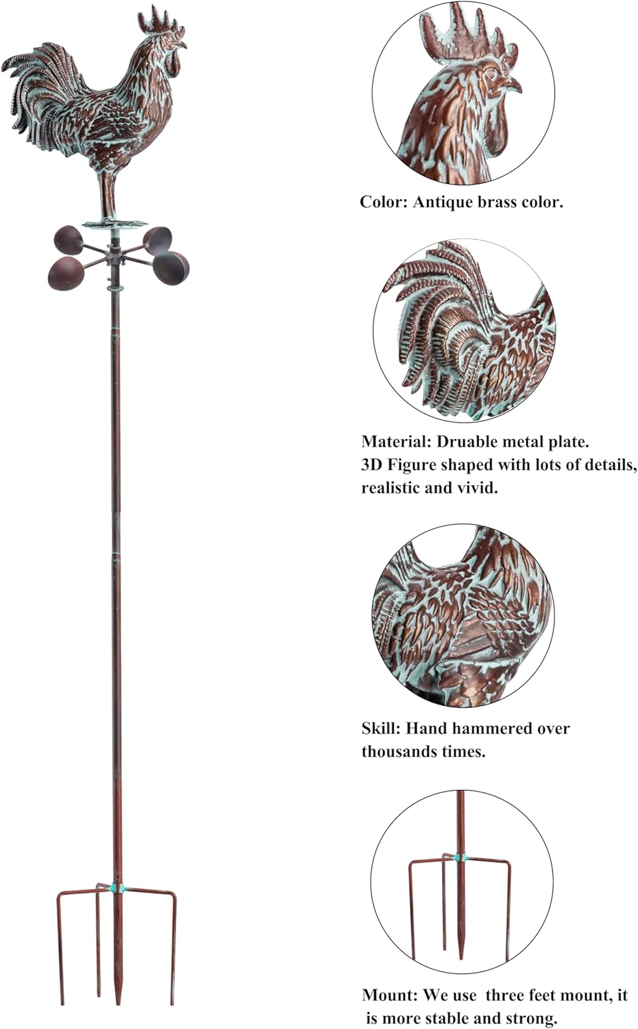 Metal Garden Rooster Yard Decor,79" Copper Wind Sculptures & Spinners,Large Outdoor Chicken Decor,Metal Kinetic Outdoor Chicken Wind Spinner for Yard and Garden,Yard Art for Patio,Lawn,Farm