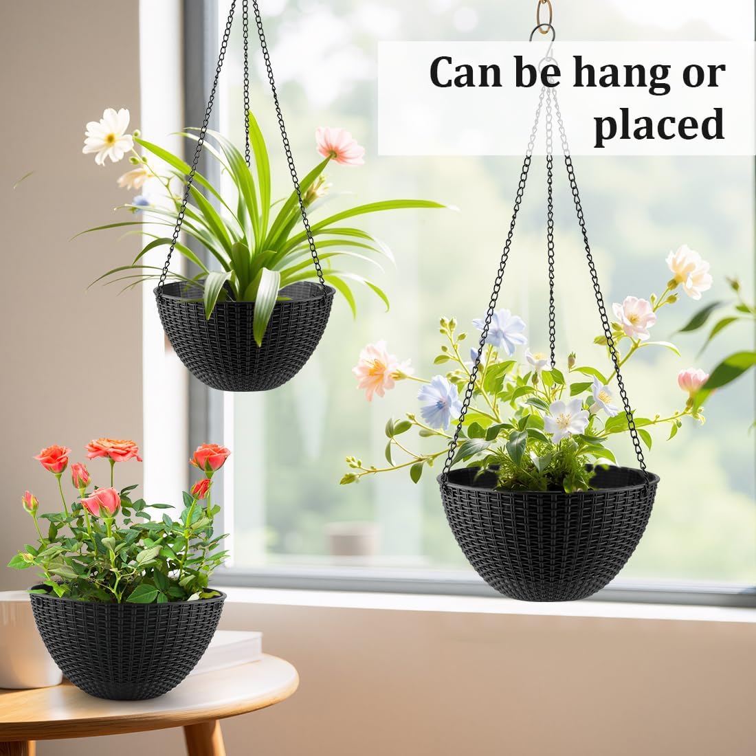 Hanging Planters for Indoor Outdoor Plants 8 and 10 Inch, 4 Packs Plant Hanger with Drainage Holes, Hanging Basket Flower Pot Perfect for Home, Office and Garden, Black