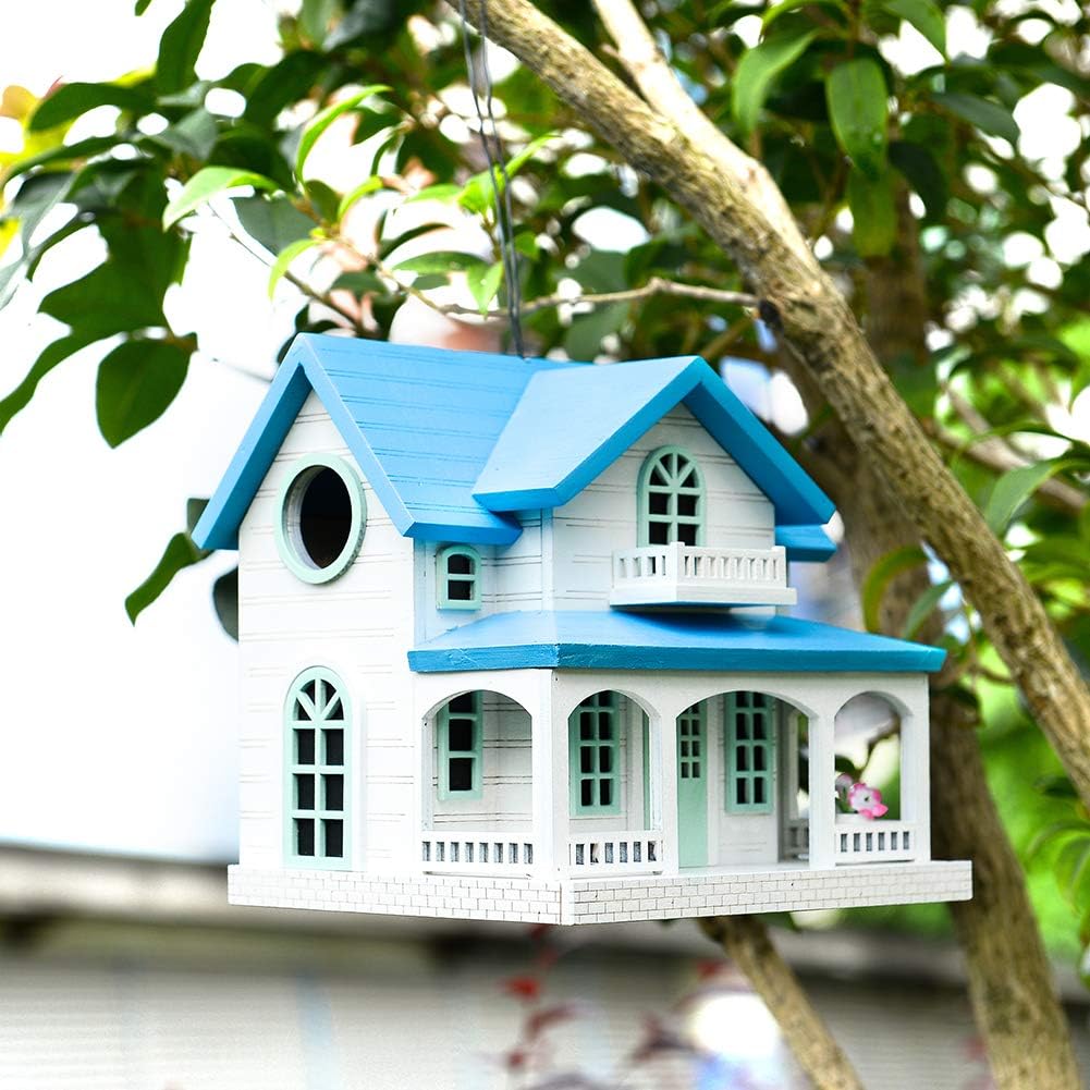 Decorative Wooden Birdhouse for Outdoor Hanging – Handcrafted Miniature Cottage Style with Blue Roof, Front Porch, and Balcony – Garden or Backyard Décor for Wild Birds (Ocean Bungalow)