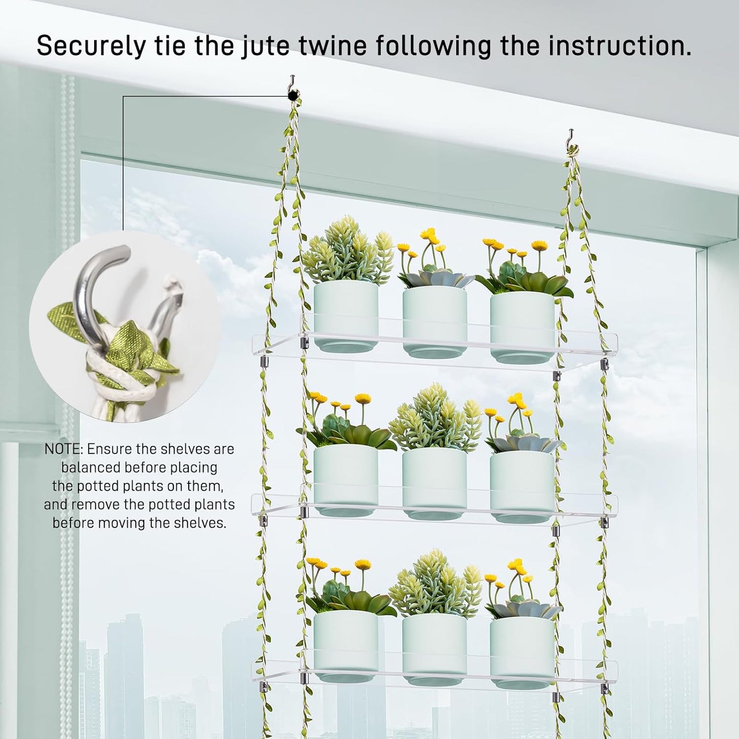 Sumerflos Acrylic Window Boxes Plant Shelves 3 Tier - Clear Hanging Shelf Indoor Jute Twine Adjustable Plant Holder for Window Wall Living Room Balcony Natural