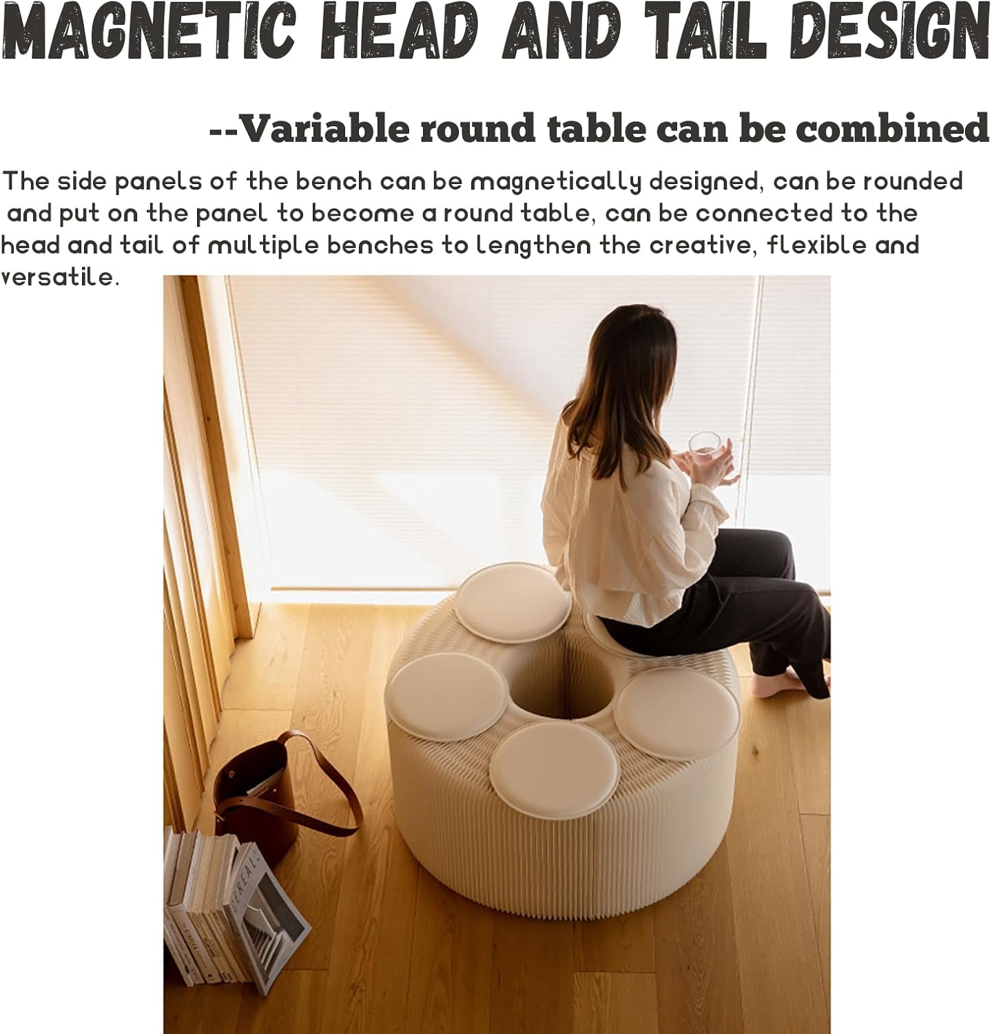 Foldable Kraft Paper Stool, Honeycomb Accordion Folding Bench, Collapsible Paper Stool for Small Spaces, Portable Footrest and Side Table for Living Room and Office,White-30×30×300cm