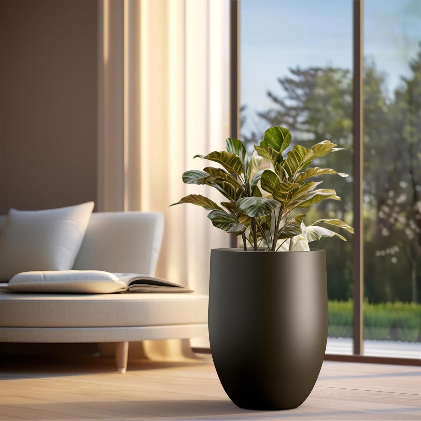 Kante Tall Concrete Planter, 21.7-Inch Height Dark Brown Large Indoor Outdoor Plant Pot with Drainage Hole for Patio Garden Home, Modern Decor for Flowers and Tree