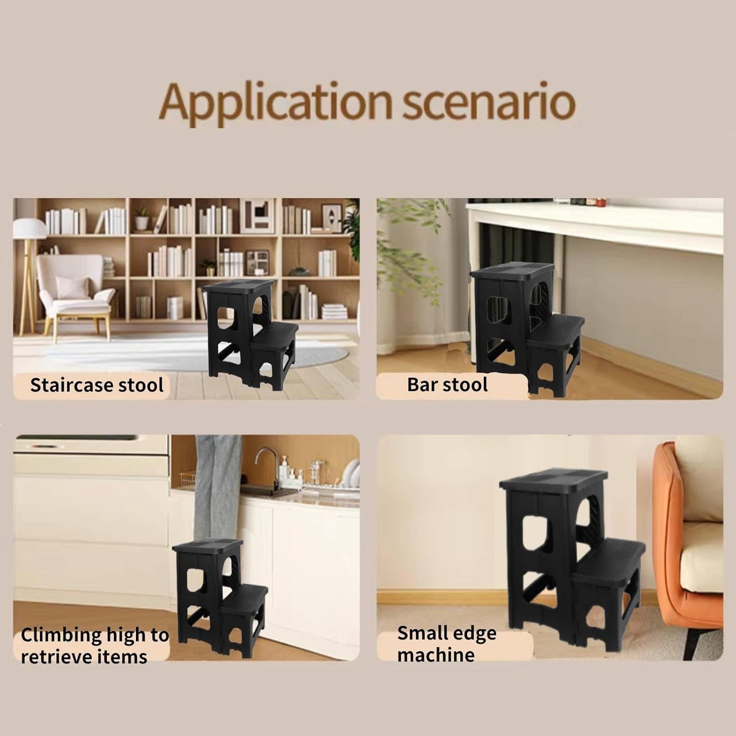 2-Step Folding Stool, Non-Slip Folding Step Stool Plastic Steps Ladder, Portable Bedside Step Stool, Hold up to 300 lbs, Lightweight & Foldable Step Ladder for Kitchen Toilet Office Home RV-Black