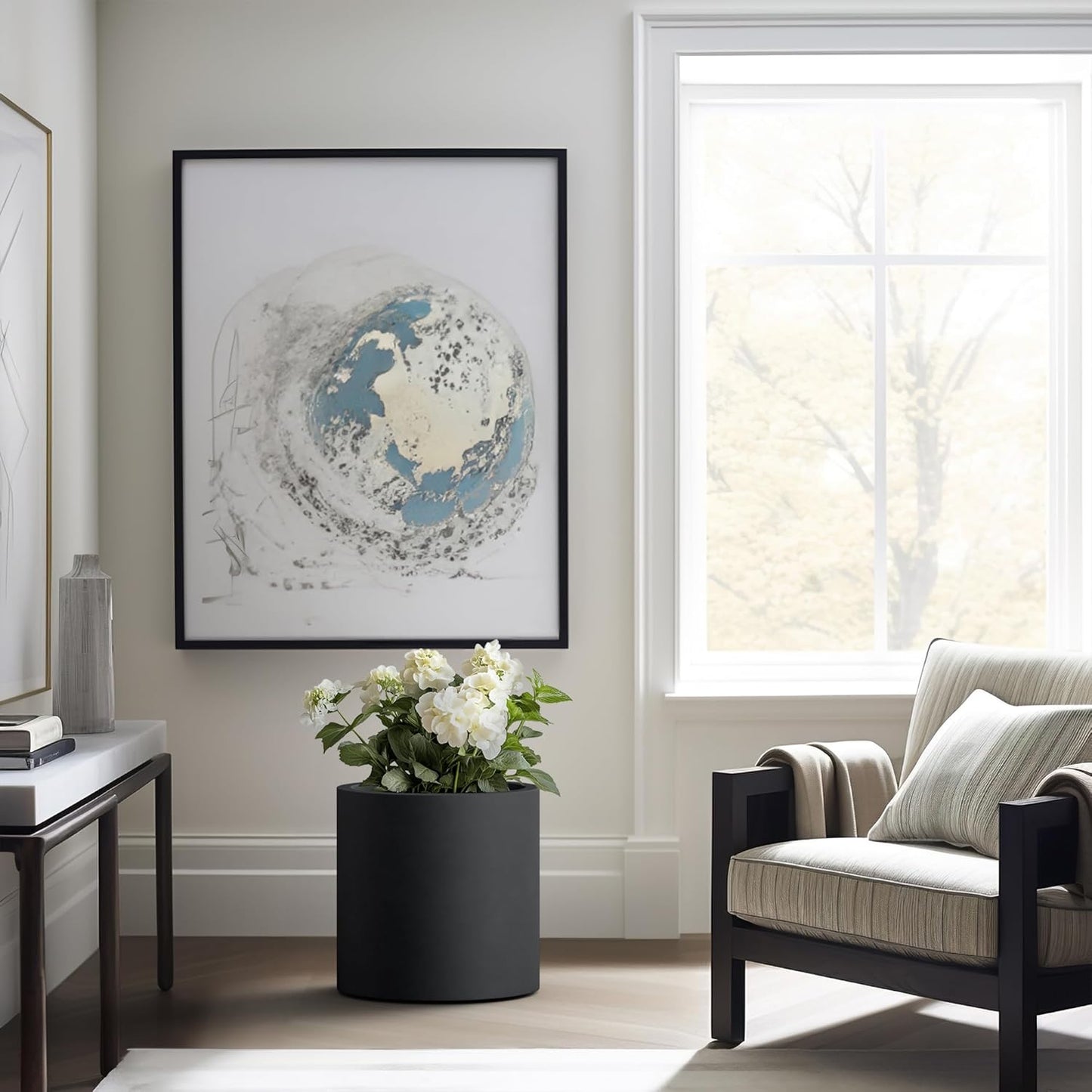 Kante 15.7" Dia Round Concrete Planter, Modern Style Large Cylindrical Plant Pot with Drainage Hole and Rubber Plug for Indoor Outdoor Patio, Burnished Black