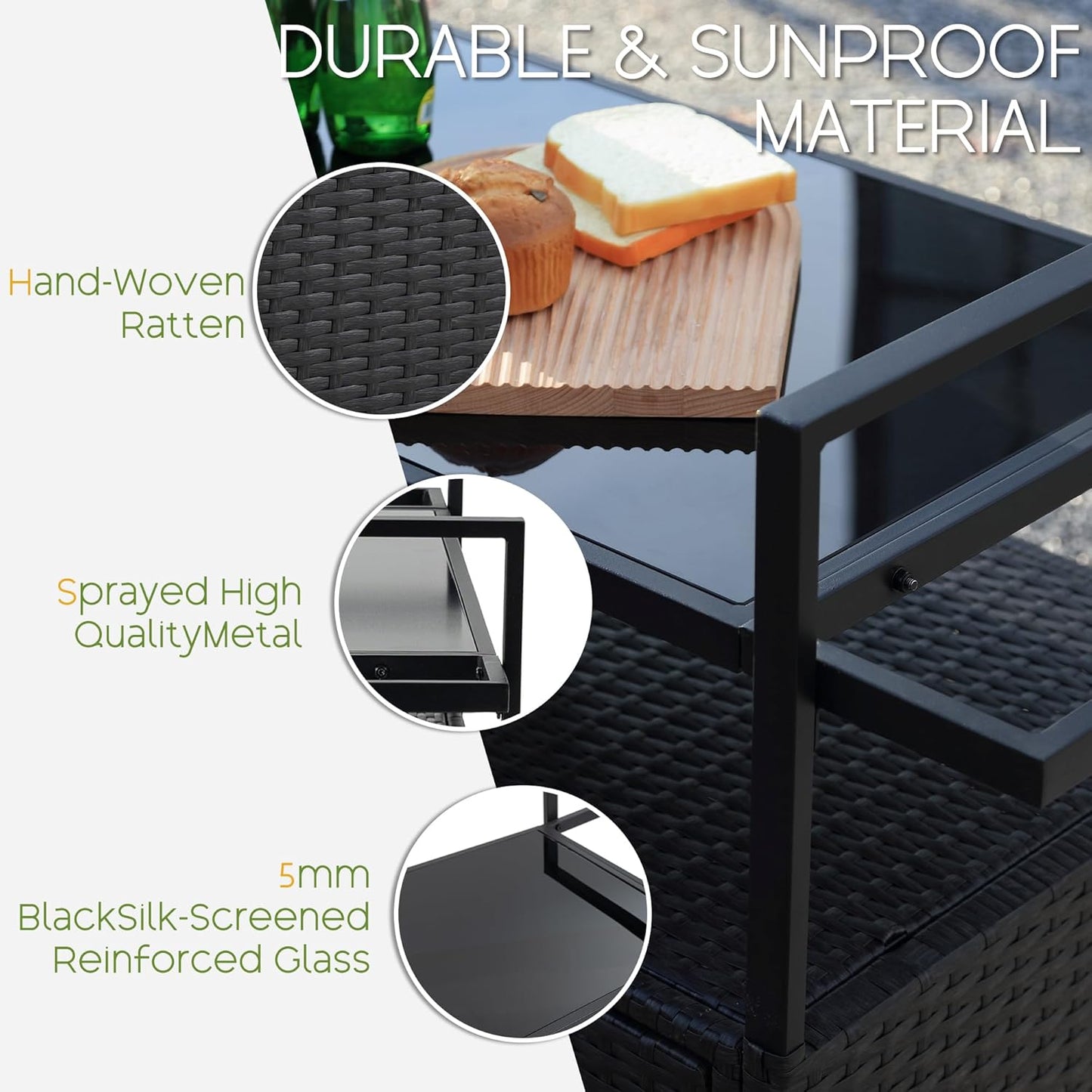 Wicker Outdoor Bar Cart - Black Patio Console Storage Table Buffet Cabinet Serving Kitchen Cart with Wheels for Outside Backyard