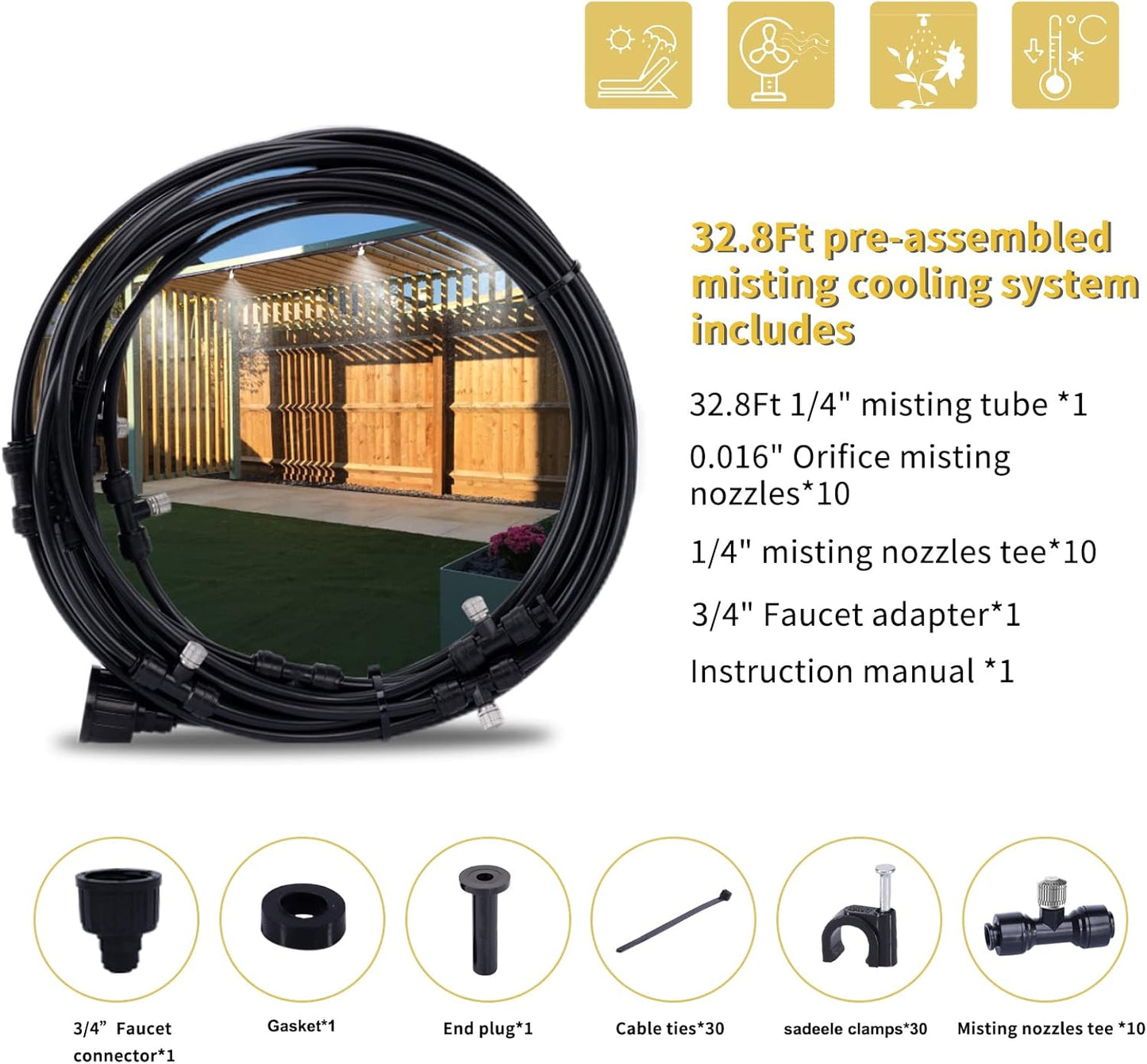 Fogland Misting System: Outdoor Cooling System 32.8FT Misting Cooling System with 10pcs 0.016" Orifice Thread Stainless Steel Mister Nozzle for Patio