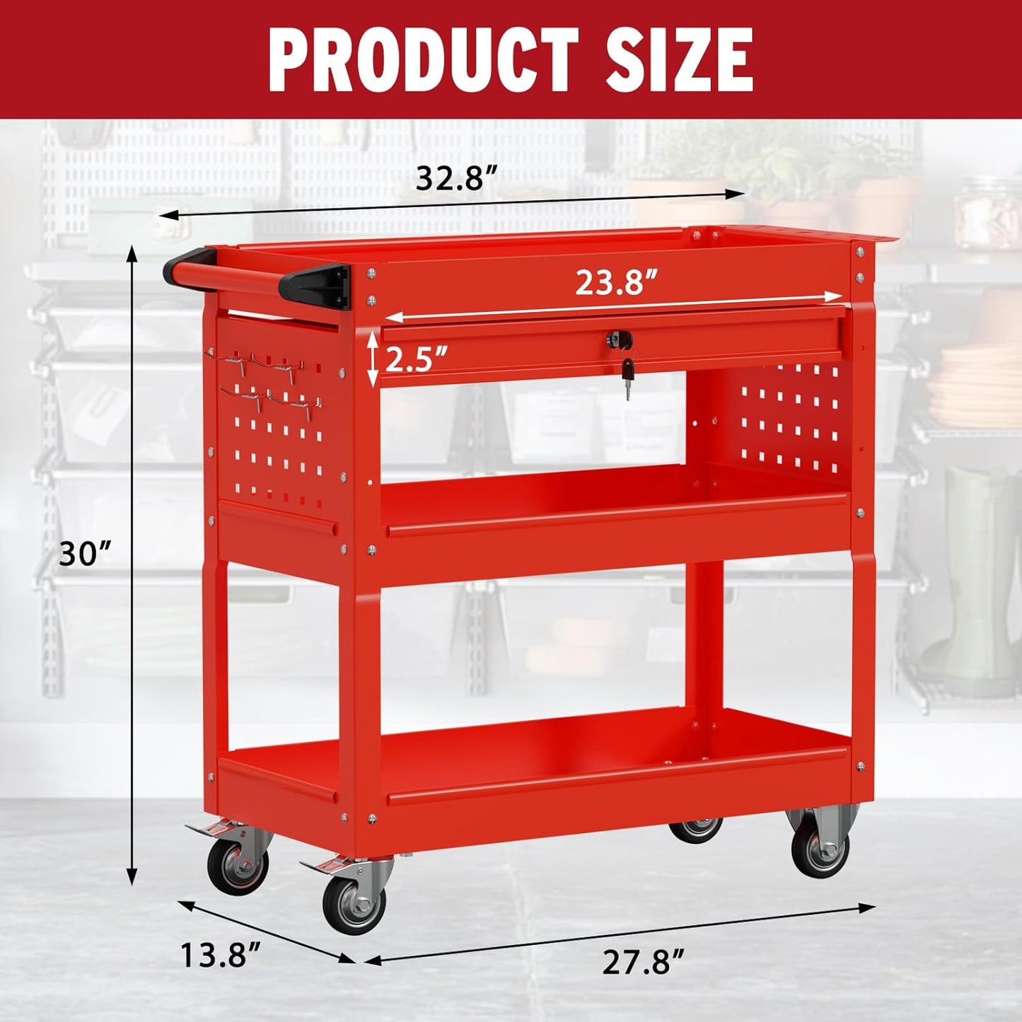 3 Tier Rolling Cart, Heavy Duty Utility Industrial Service Carts on Wheels, Metal Tool Cart with Locked Drawers, Ideal for Garage, Warehouse and Repair Shop(Red)