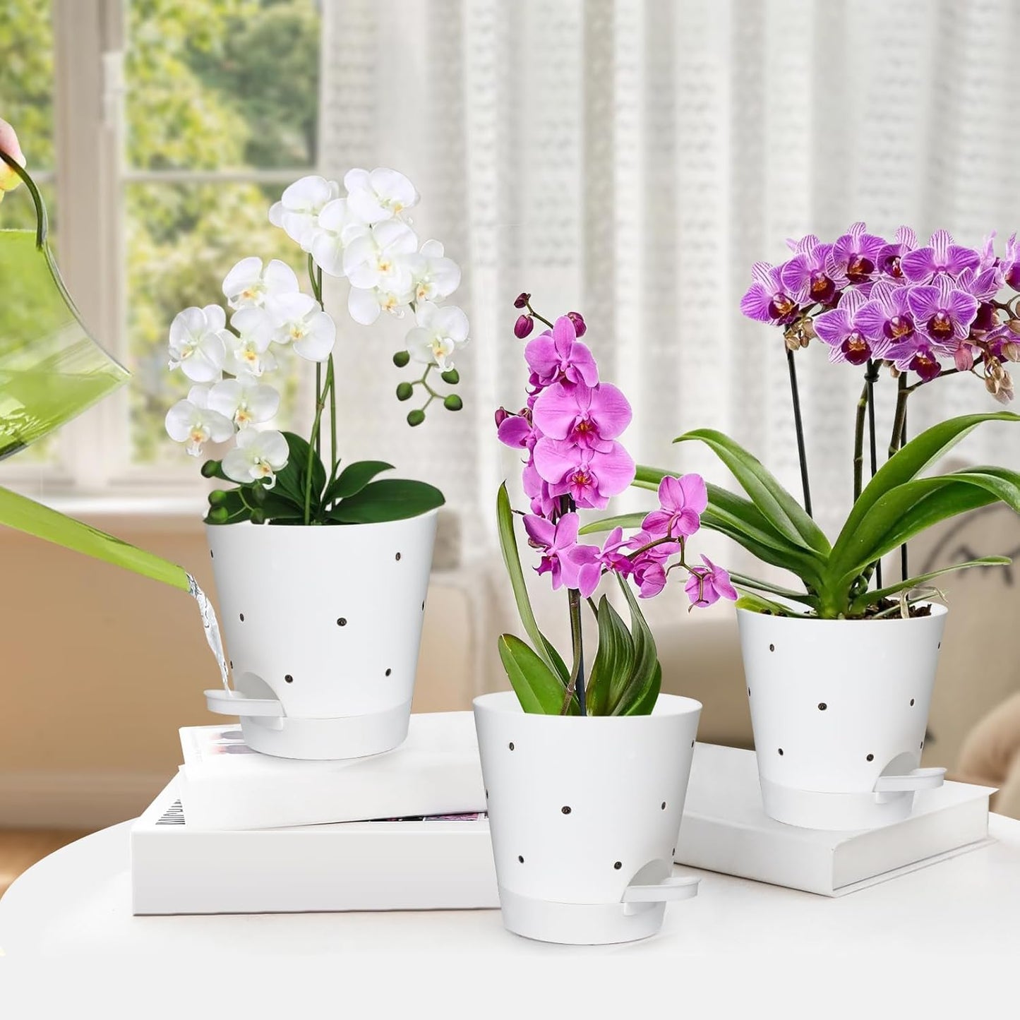 Orchid Pots with Holes, 6 Inch Self Watering Orchid Pot 2 Pack Plastic Plant Pots for Orchid, Flower (White)