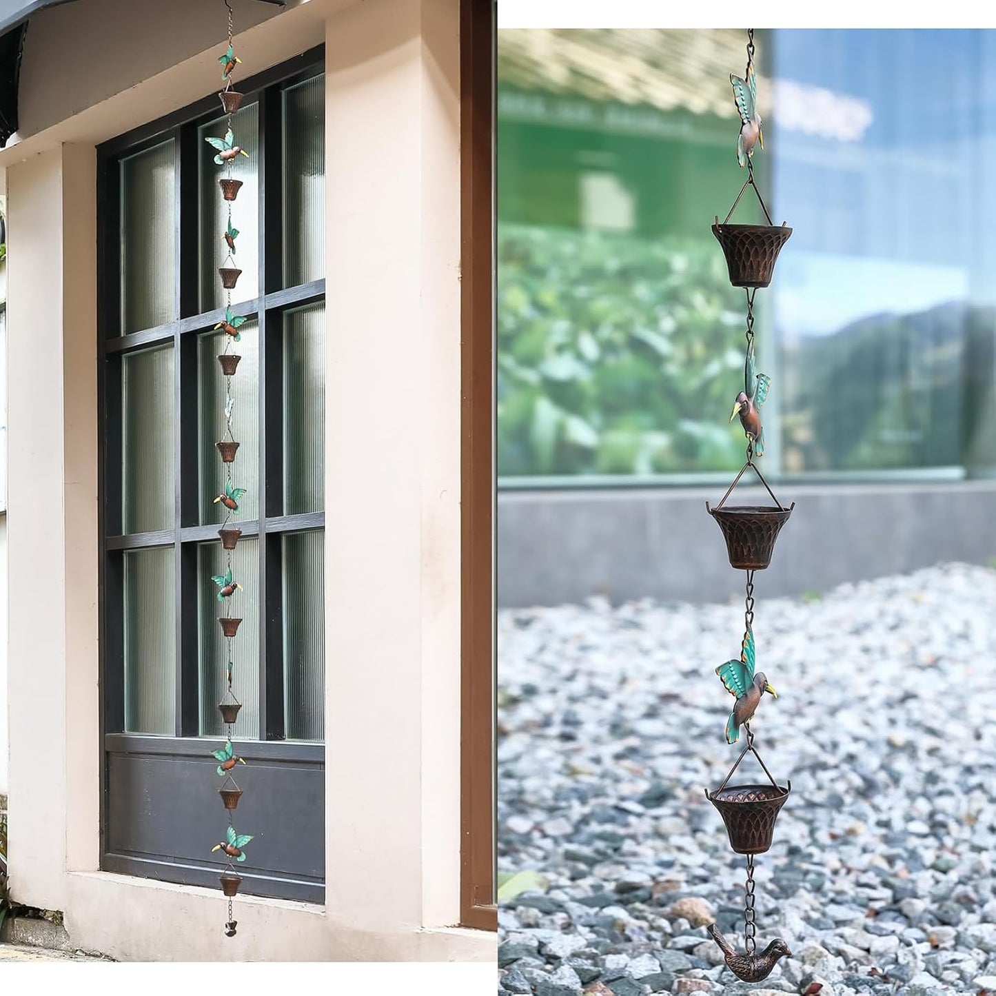 8.5FT Rain Chain, Hummingbird and Cup Rain Chains for Gutters and Downspouts, Metal Decorative Rainwater Catcher Chain, Antique Copper Rain Gutter Downspout Chains for Outside Garden