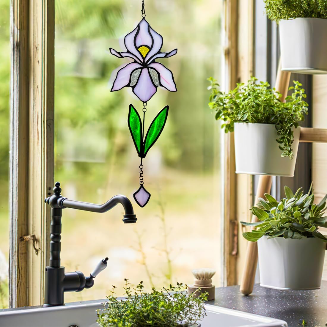 Handmade Iris Flower Stained Glass Suncatcher - Colorful Window Hanging Decor for Home/Office/Church/Wedding - Unique Birthday Gift for Women, Mother's Day, for Mom Grandma