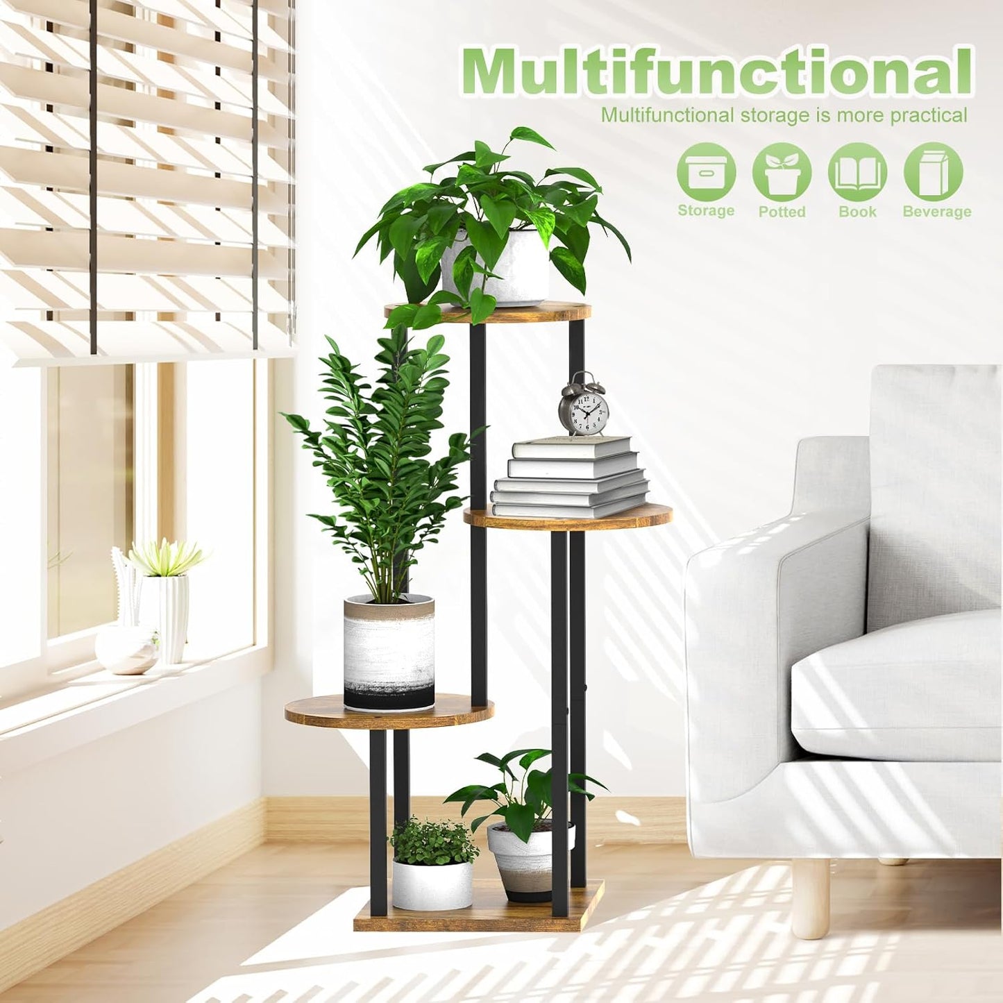 4 Tier Wood Tall Plant Stand Metal Rack Indoor, Multiple Flower Pot Holder Shelves Corner Rack, Round Planter Shelf Display Rack Storage Organizer for Patio Living Room Balcony(Black)