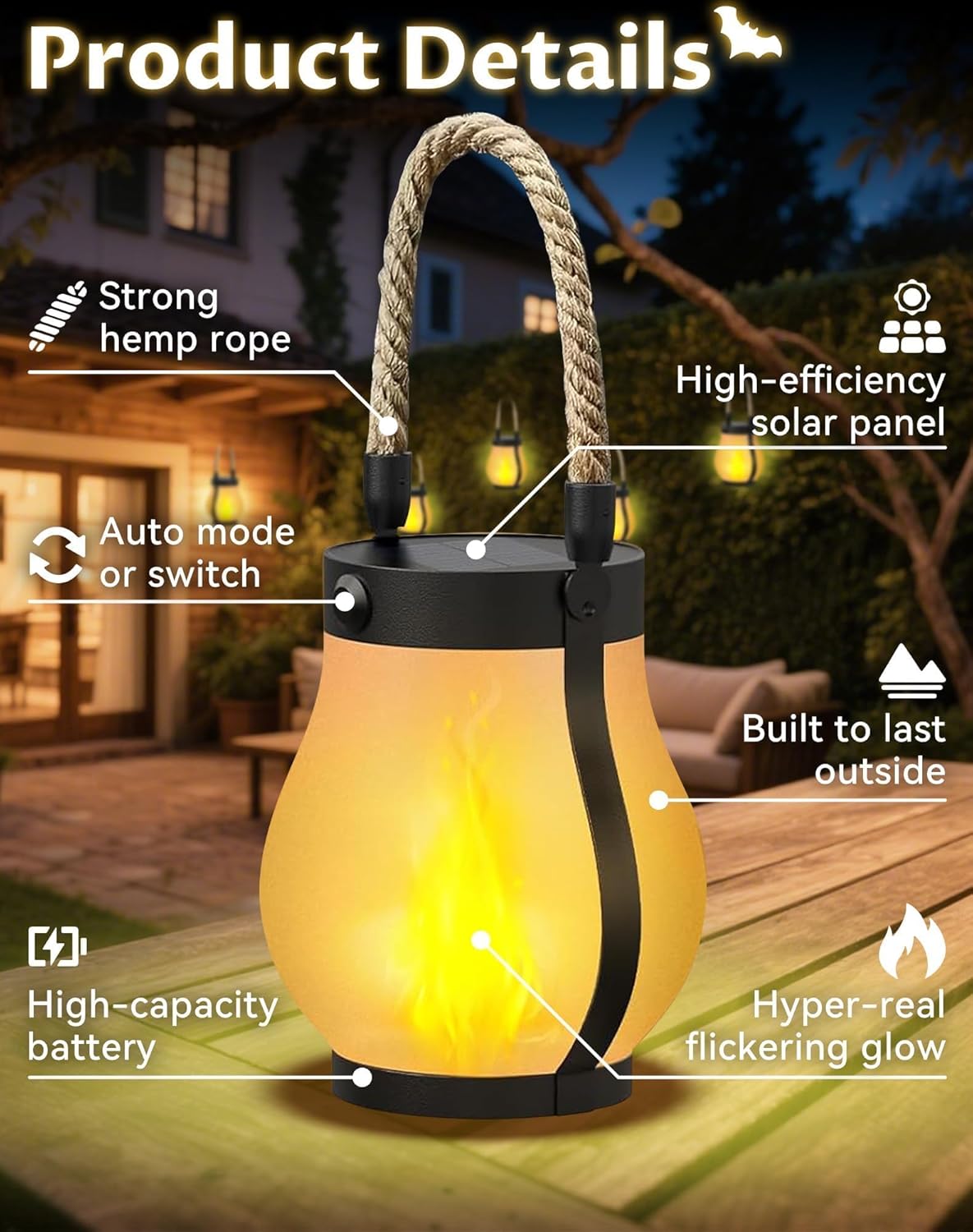 Kaliqo Solar Lanterns Outdoor Lights, Hemp Rope Flame Lights, Dancing Flame Solar Lights,It is Suitable for Outdoor Camping, Home Garden Decoration, Etc. (2pcs)