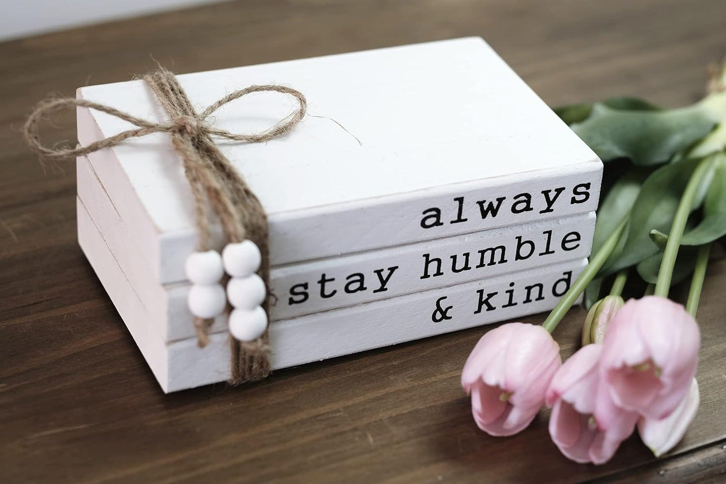 Lavender Inspired Farmhouse Book Decor-Always Stay Humble and Kind Sign-Book Shelf Decor-3 Pieces Faux Wooden Book Stack for Coffee Table Decor-Living Room Decor-Fireplace mantle table decor